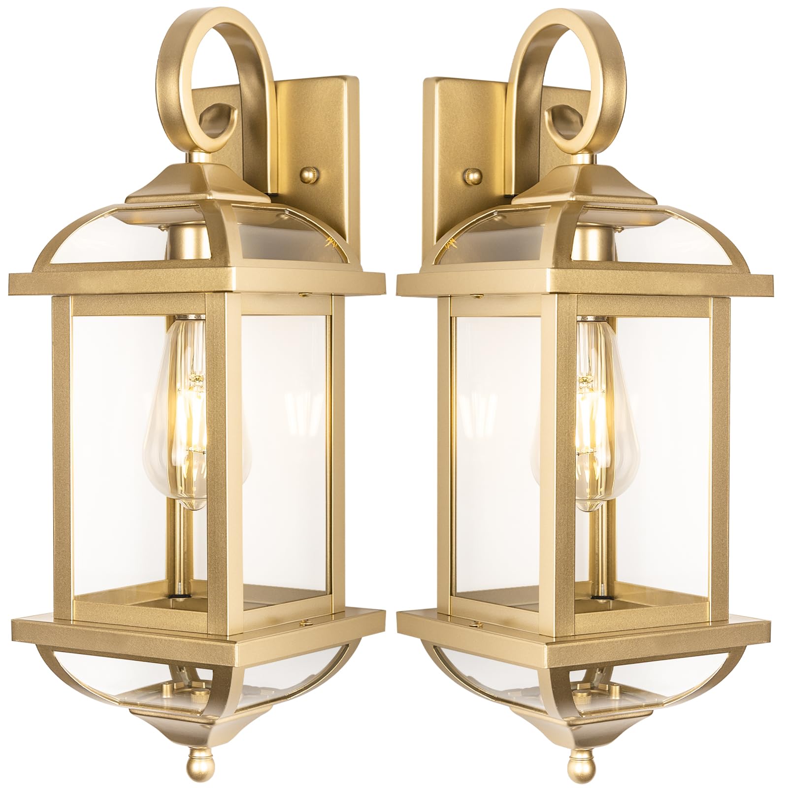 Roravilila 2-Pack 18” Gold Outdoor Wall Lights, Waterproof Brass Lanterns With Clear Glass