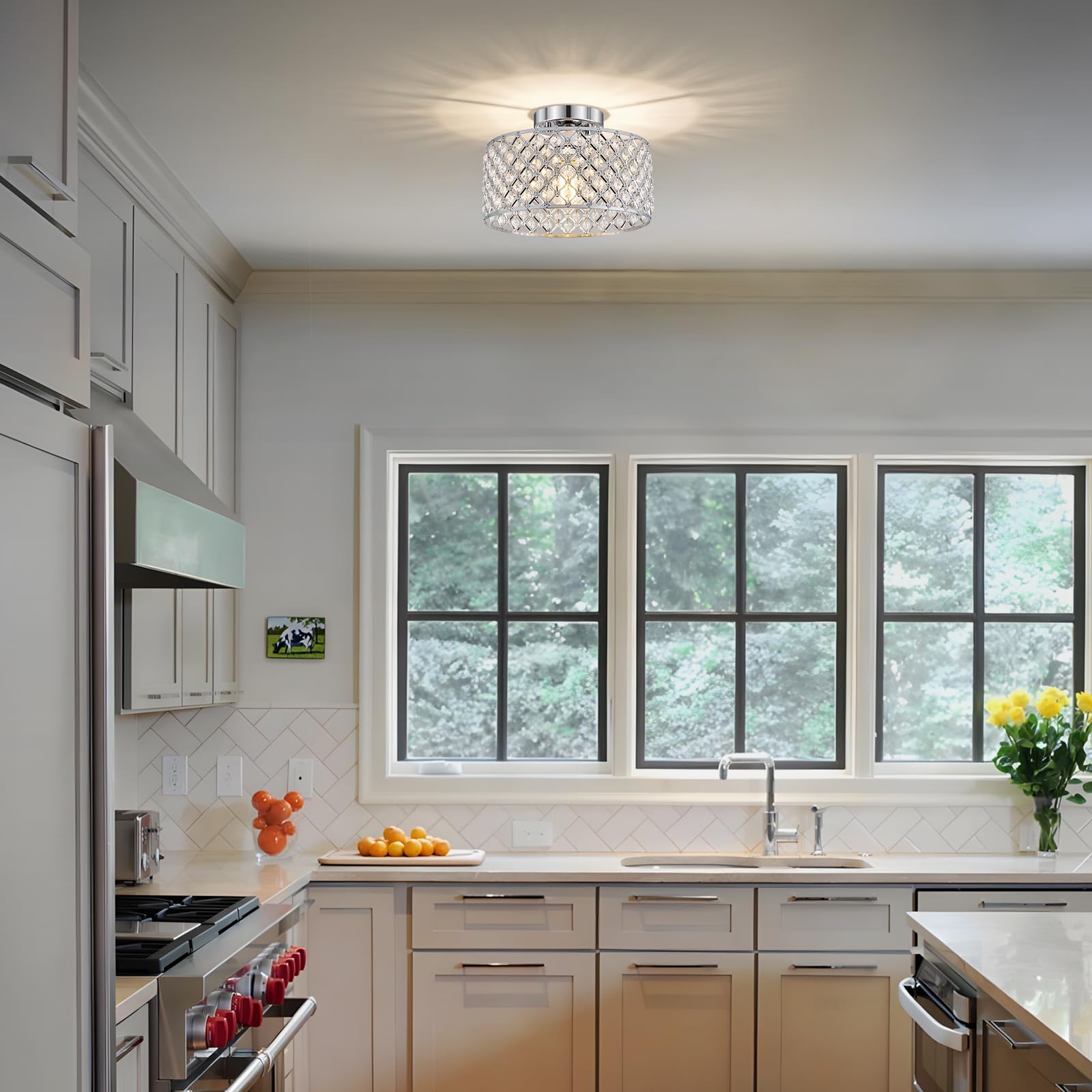 Bzvesr Chrome Crystal Ceiling Light Fixture Modern Semi Flush Mount Ceiling Lighting Fixture Round Small Chandelier For Dining Room  Hallway  Entryway  Kitchen  Bedroom Foyer 1 Light 11.2 Inch