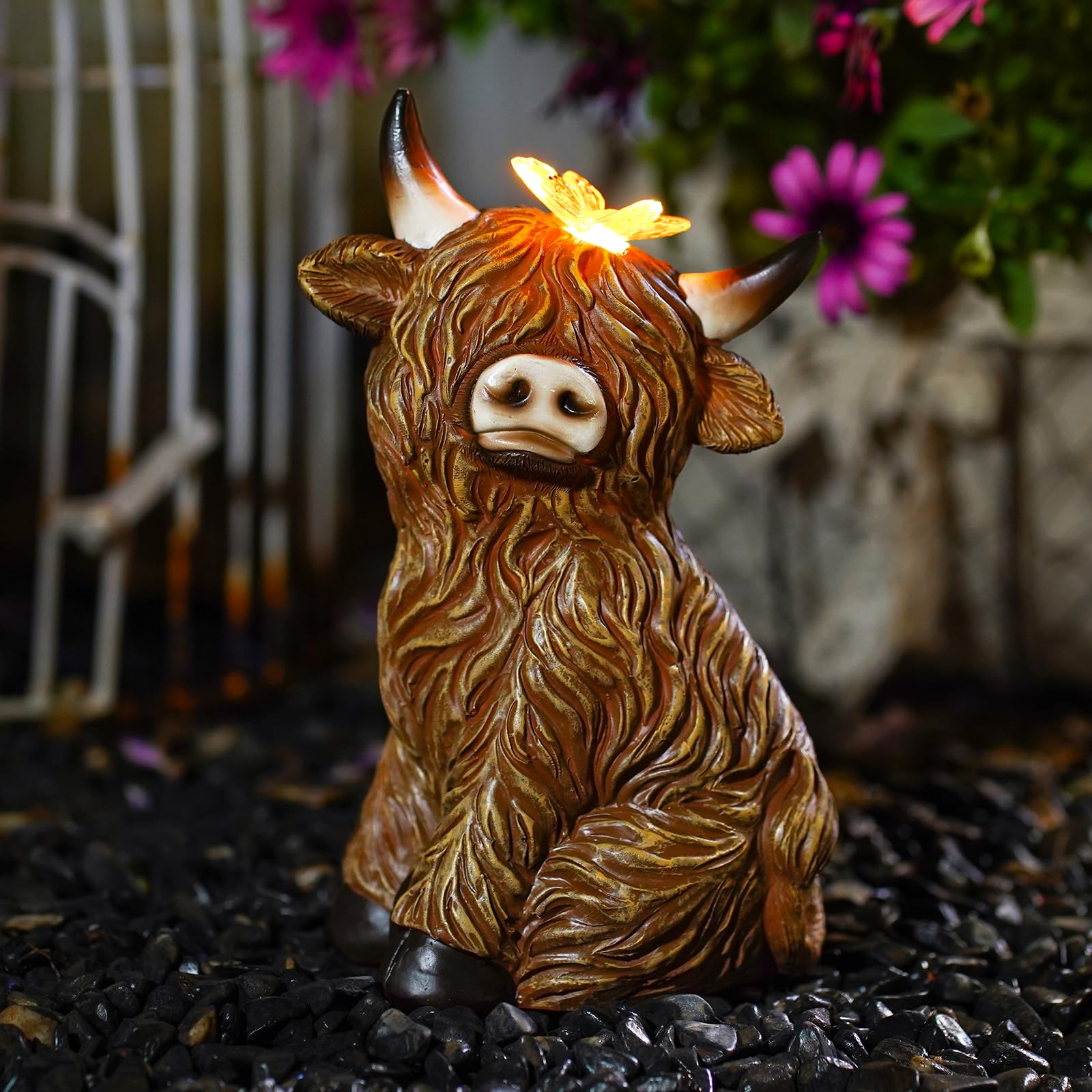 Fashionoda Solar Garden Statue Highland Cow Figurine - Outdoor Decoration With Butterfly For Garden Yard Lawn Home Decor Outside : Unique Gifts For Mom Grandma