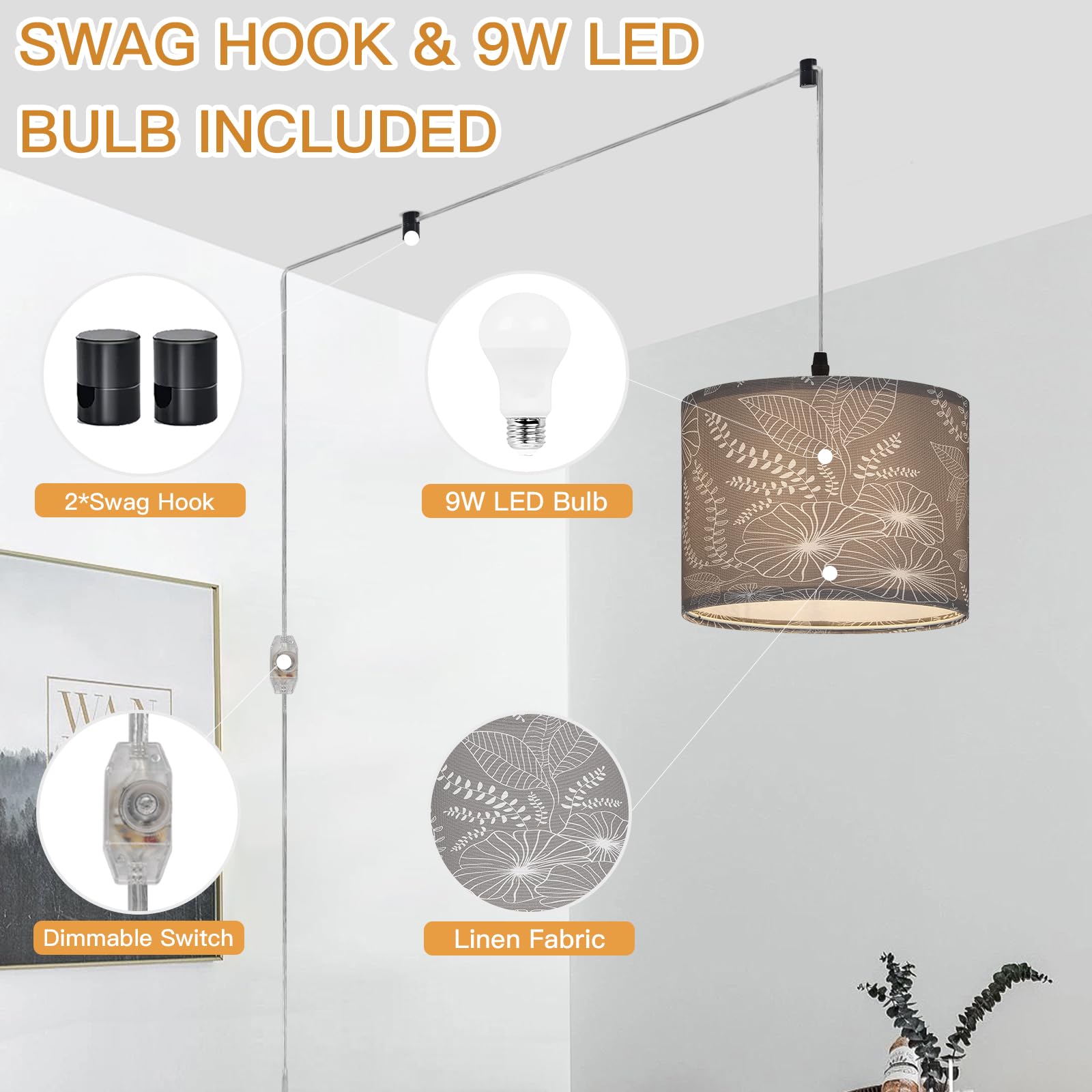 Cinsary Plug In Pendant Light, Hanging Light With Plug In Cord With Dimmable Switch, Hanging Lamp With 15 Ft Clear Cord, Grey Pe