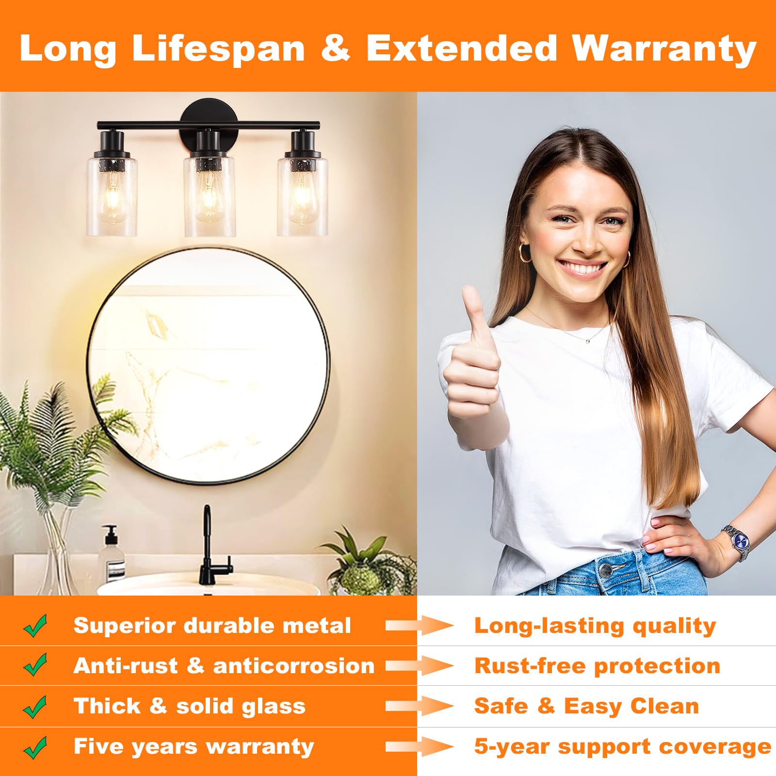 Dllt 3-Light Bathroom Light Fixtures: Black Modern Vanity Lights With 3 E26 Bulbs - Bubbled Glass Shade Bathroom Wall Lamp For M