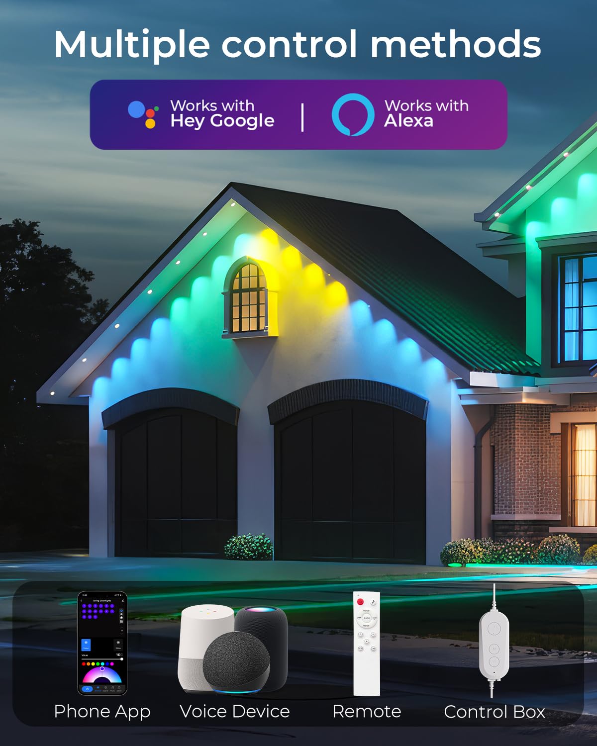 CINOTON 100ft Smart RGBCW Permanent Outdoor Lights, 60 LEDs, IP67 Waterproof, Model C5107-B, Perfect for Festivals and Holidays