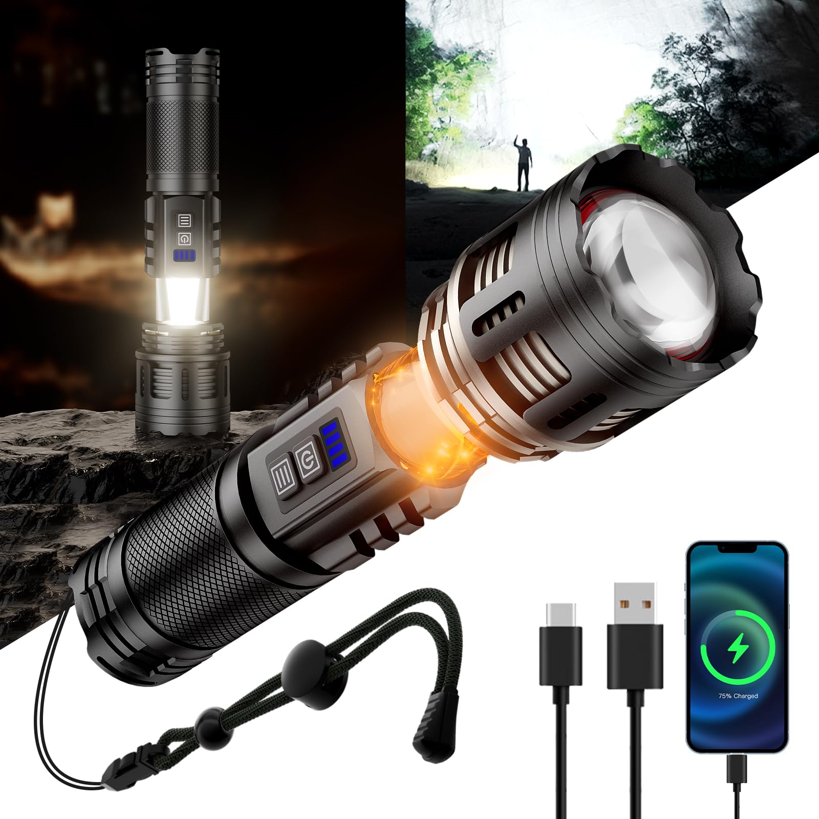 SKYFIRE LED Rechargeable Flashlights High Lumens with Ambient Lamp,8000 Super Bright Tactical Flashlights with 2 Colors,Focusabl