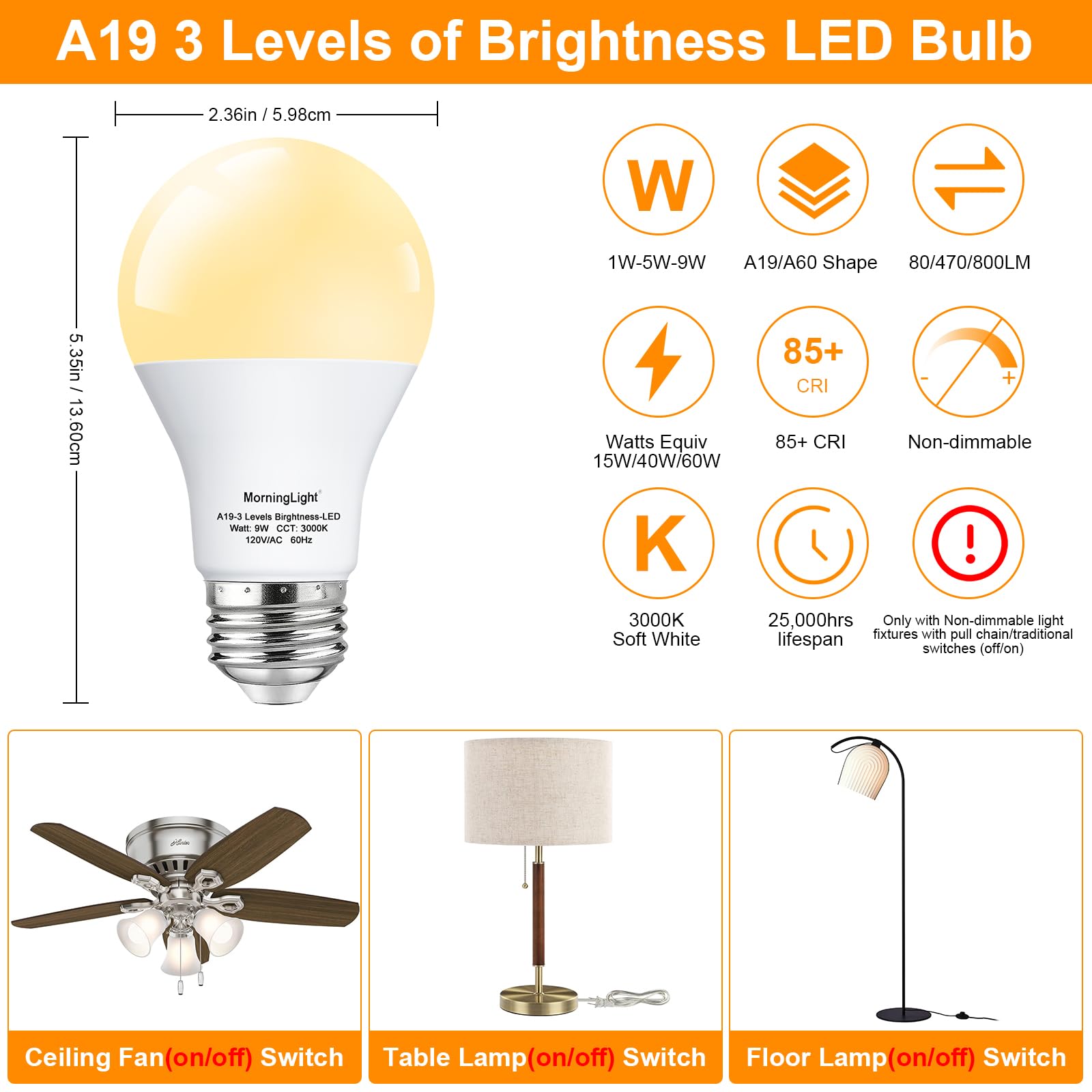 Morninglight A19 Led Light Bulbs 3000K Soft White, 9W E26 Light Bulb 3-Level Brightness(Low/Mid/High), Equivalent 15/40/60 Watt,