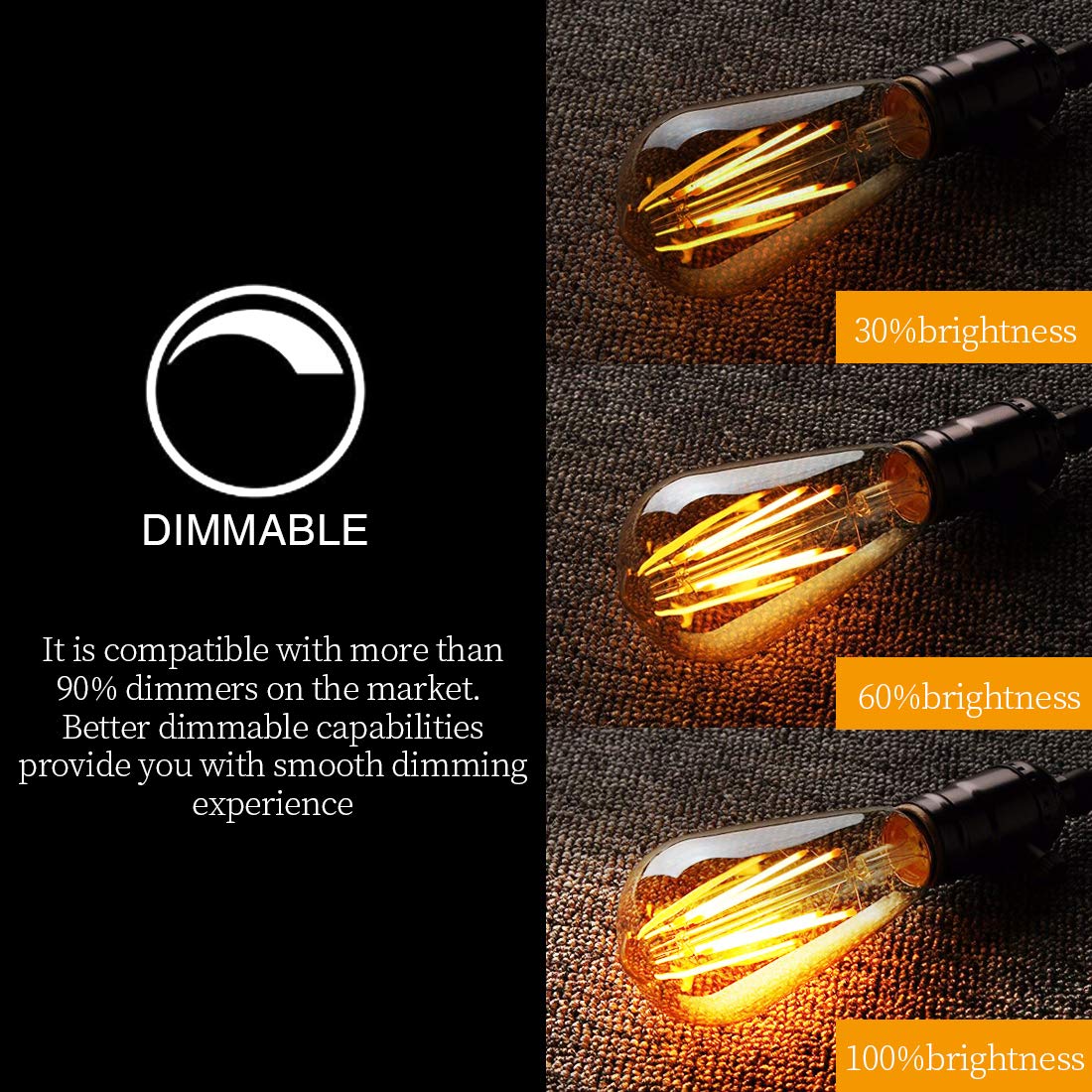 Luxon Led Edison Bulbs,Dimmable Amber Glass,Warm White 2700K,4W(40W Equivalent) Antique Vintage Filament Light Bulbs,E26 Base