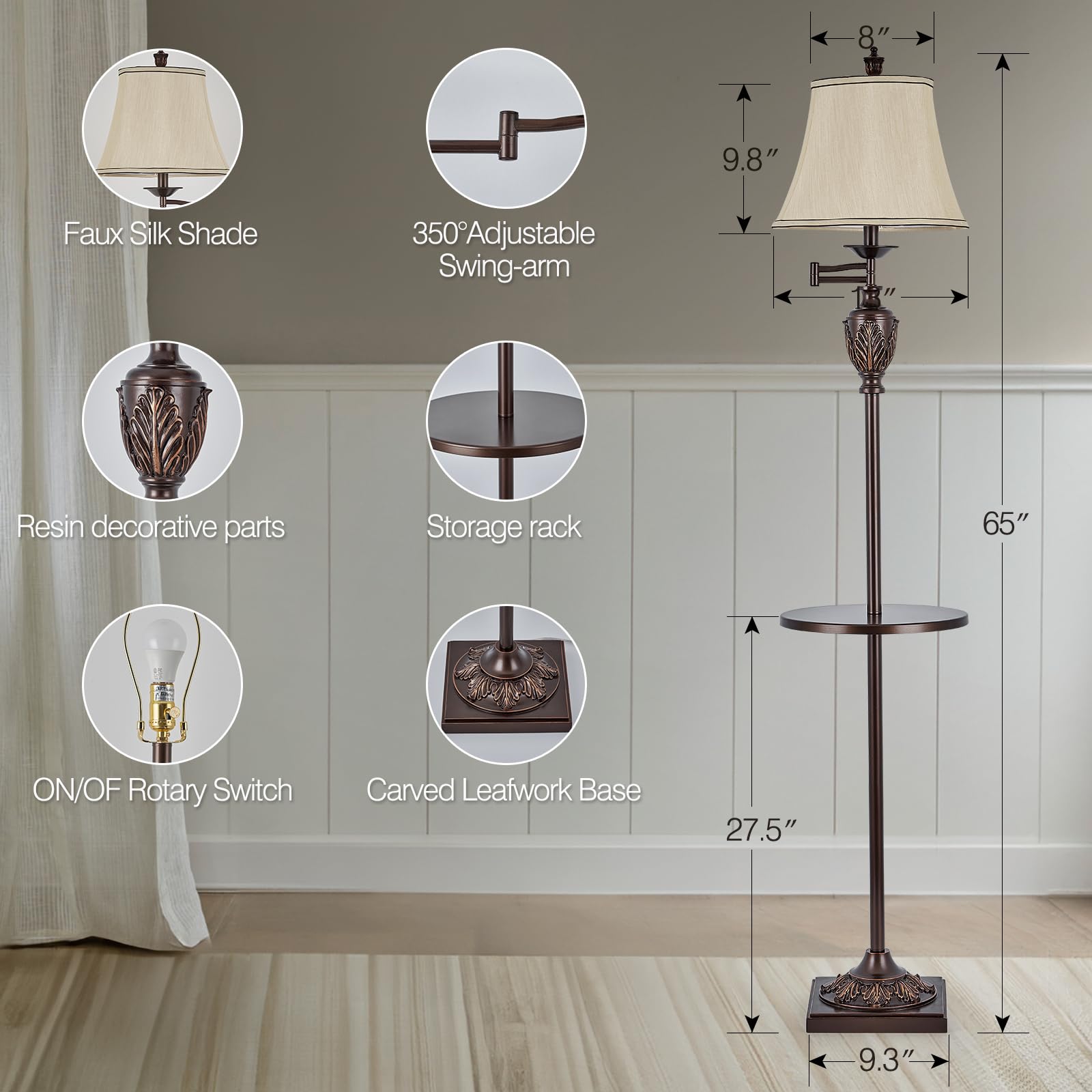 Traditional Led Floor Lamp With 350? Adjustable Swing Arm Lamp - Vintage Standing Pole Lamp For Living Room, Bedroom And Office