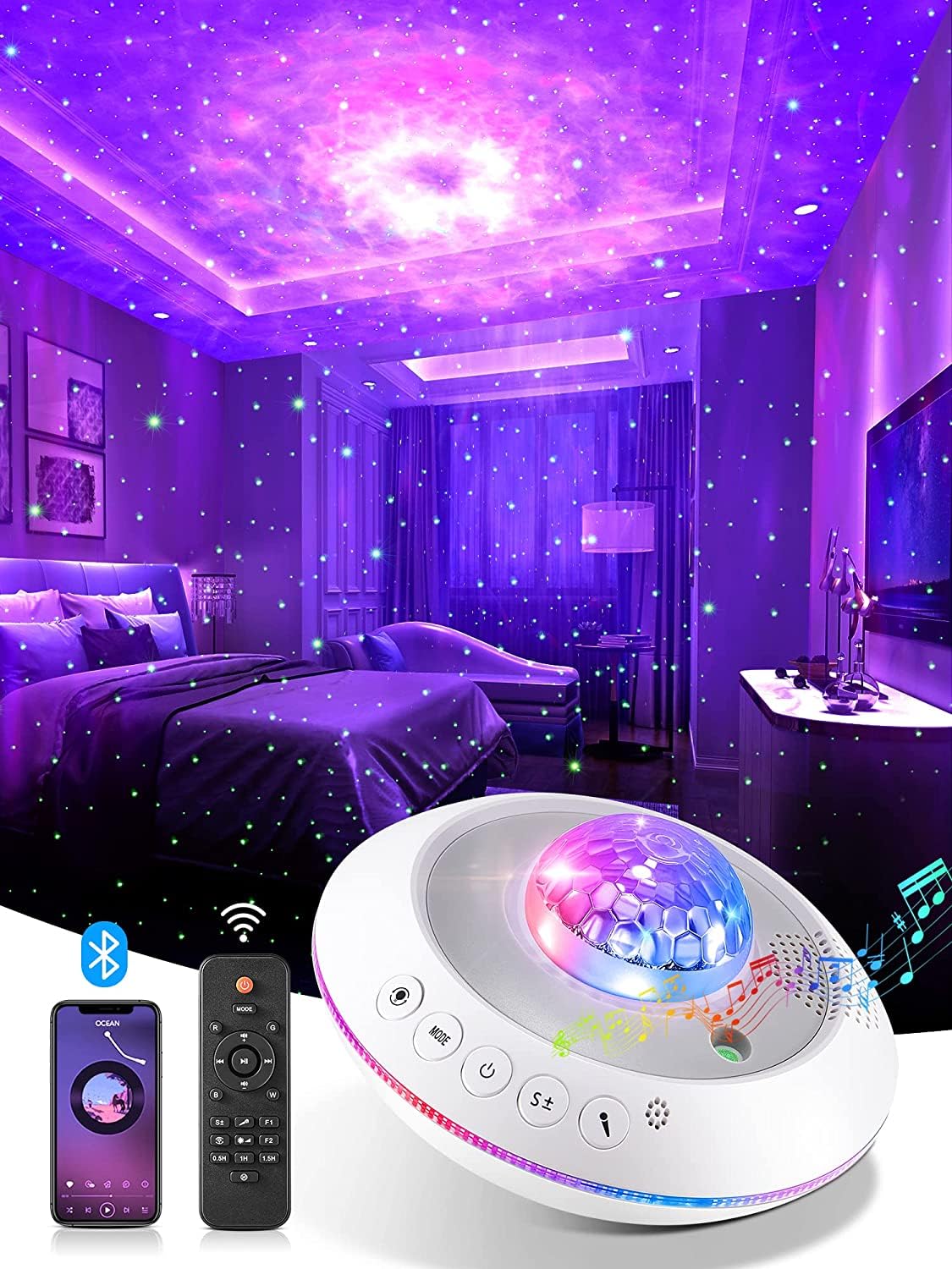 One Fire Galaxy Light Projector Starlight Projector, 41 Light Modes Ceiling Projector with Star Lights for Bedroom, Bluetooth Sp