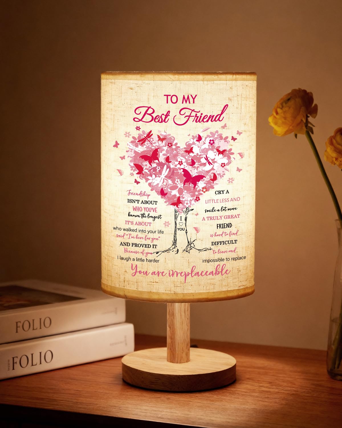 Calibron Best Friend Birthday Gifts for Women, Friendship Gifts for Women Fabric Lamp, Bestie Gift Table Lamp with Wooden Stand 