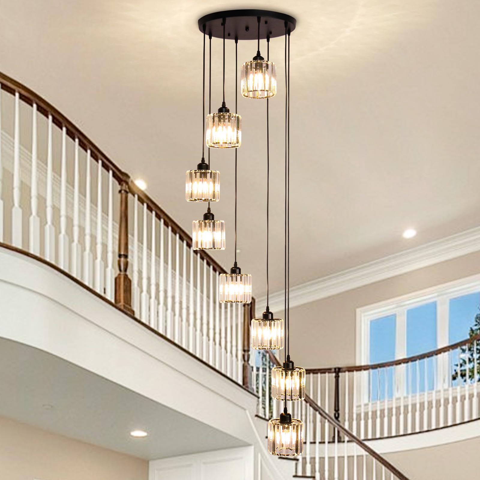 Cainjiazh High Ceiling Long Pendant Light Fixtures Modern Crystal Hanging Chandeliers Flush Mount Ceiling Light for Spiral Stair