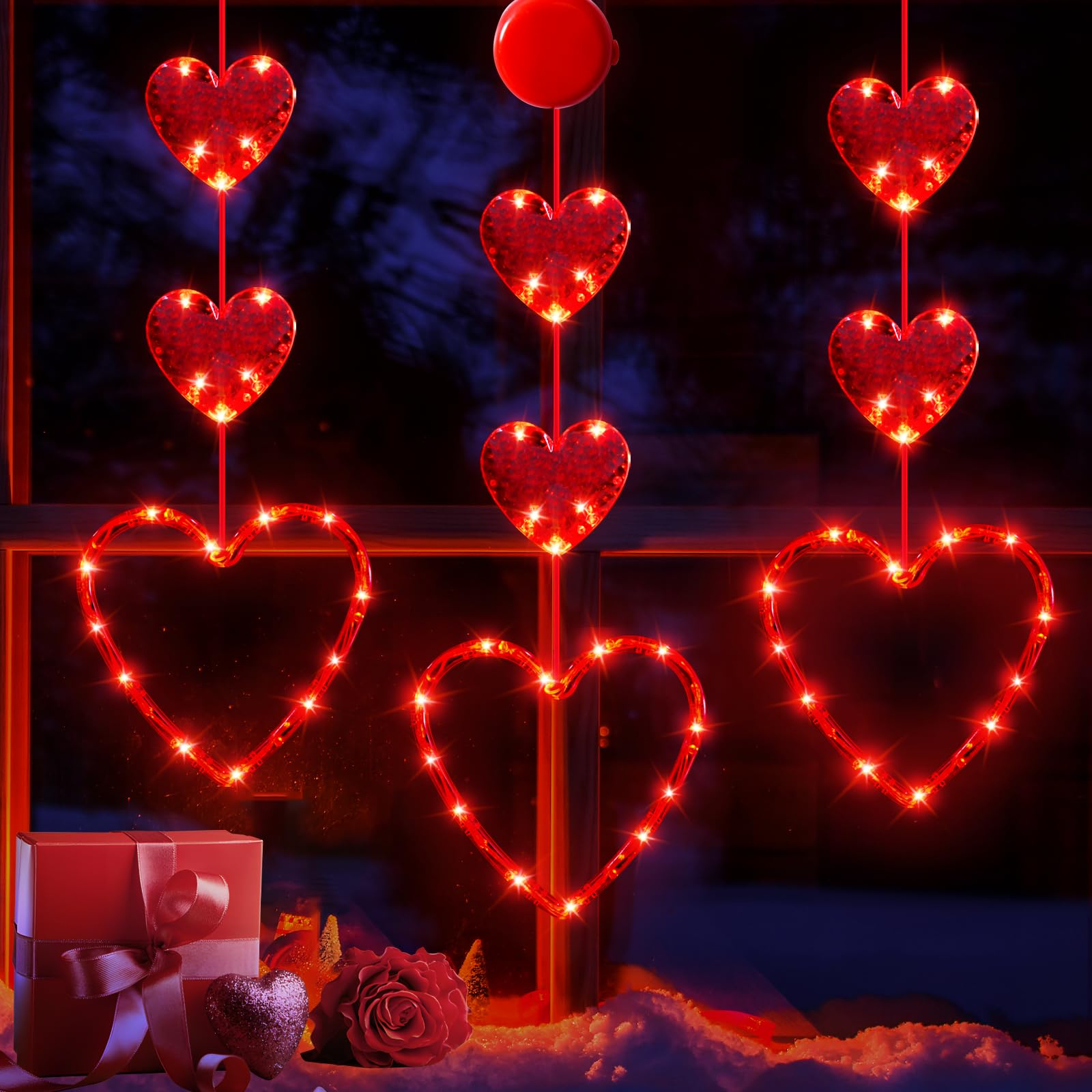 LYUBASA 3 Pack Valentines Day Window Lights Decorations with Timer, Battery Powered Hanging Red Lighted Heart Shaped Silhouette 