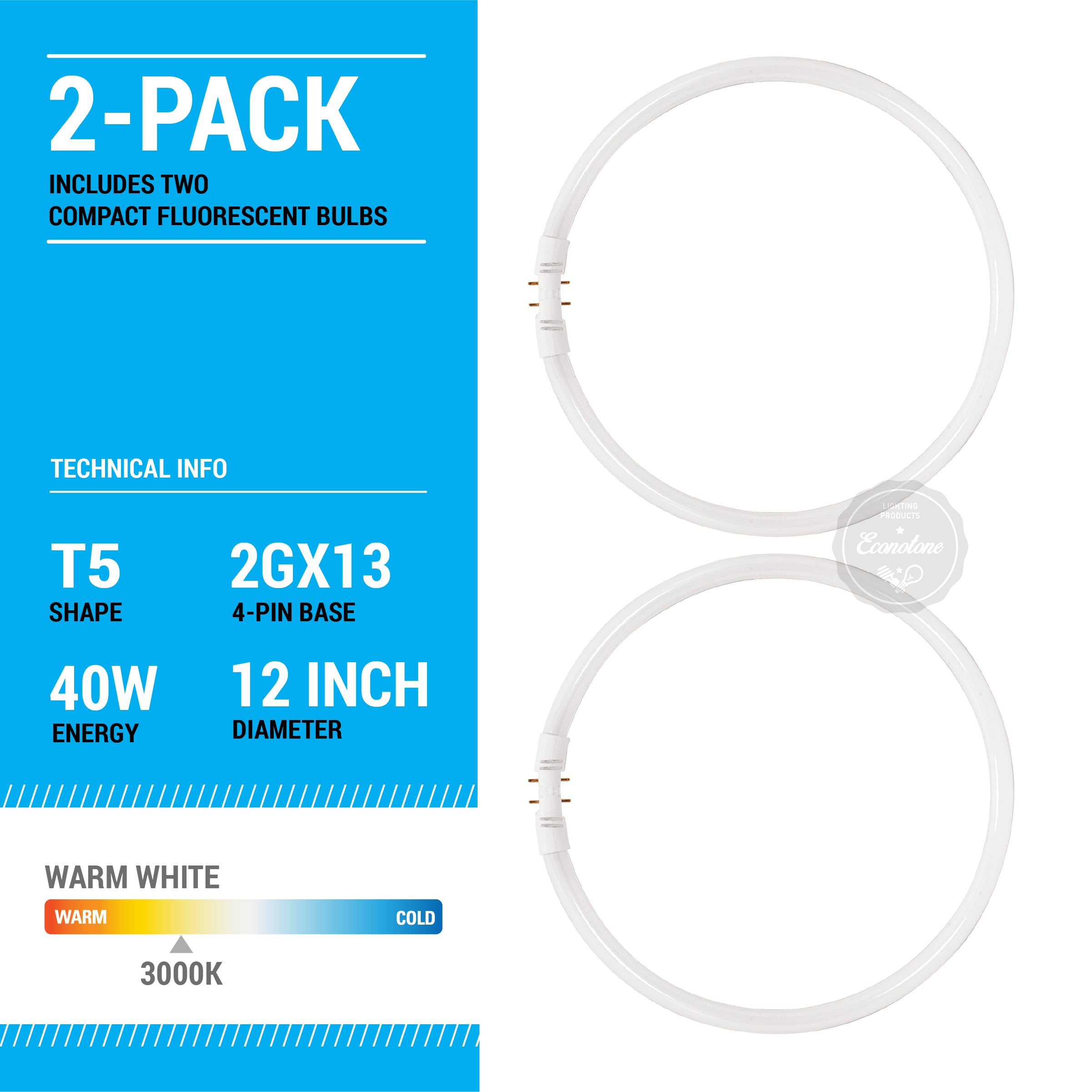 KOR T5 Fluorescent Circline Light Bulb - 40W, 3000K Warm White, 2GX13 Base, Pack of 2