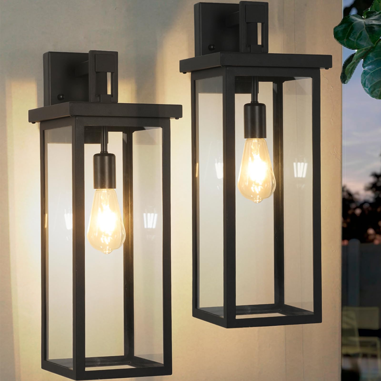Zsmaiku 20&quot; Black Modern Outdoor Wall Lanterns, Waterproof Clear Glass Shade, 2 Pcs