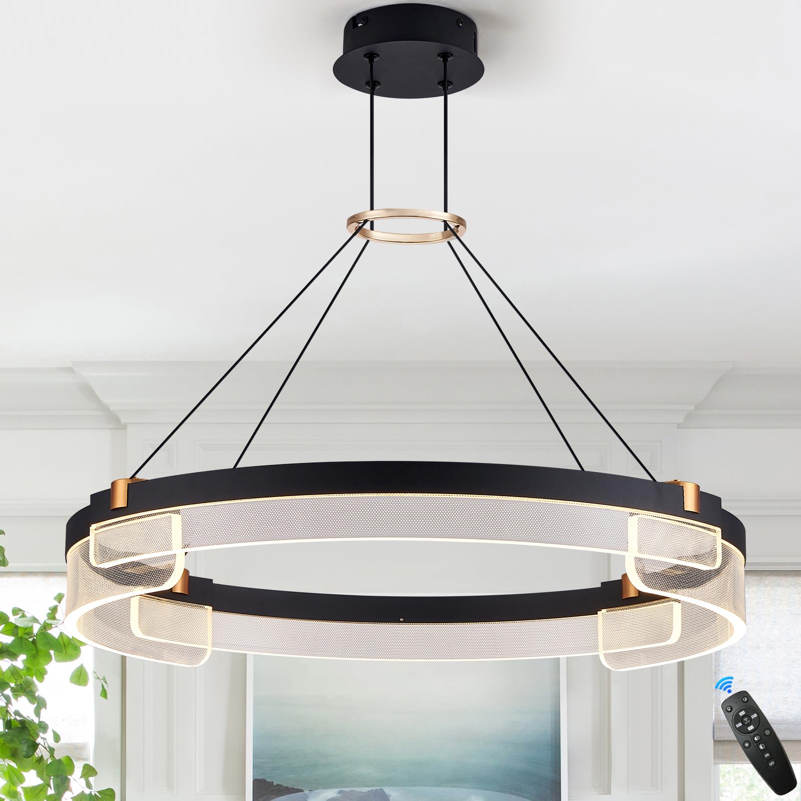 Benkut Modern Led Pendant Light, Dimmable Black Led Chandelier For Dining Room Light Fixture Over Table, 24 Inch Modern Pendant Light Kitchen Island Dining Room Living Room Entryway, 3000K-6500K