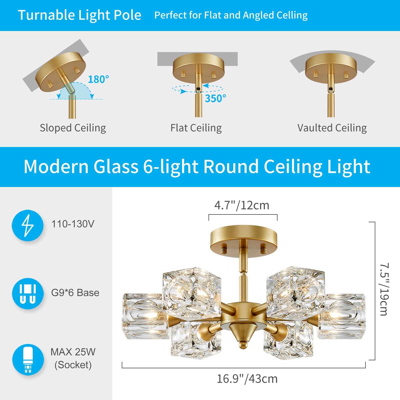 Xingqi Gold Glass Chandellier Semi Flush Mount Ceiling Light Fixture Modern 6 Lights Small Sputnik Chandelier, Antique Chandelie