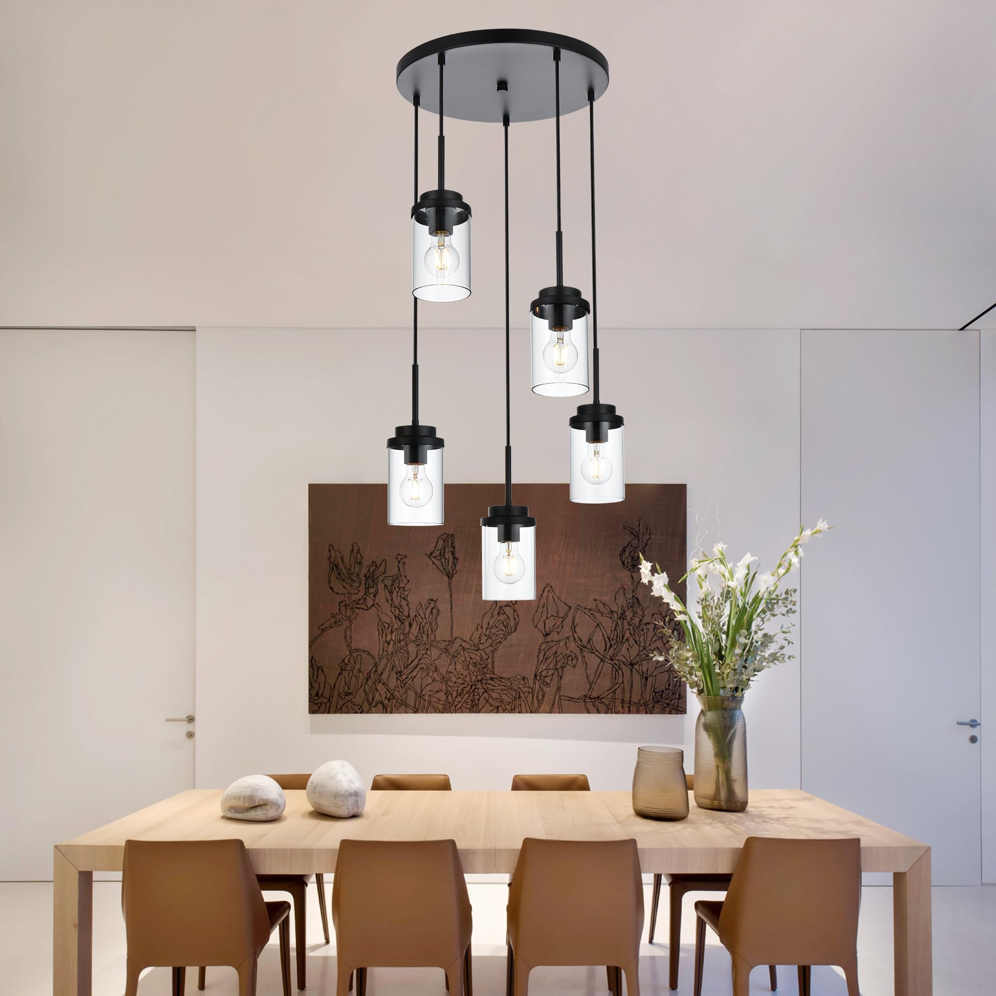 MELUCEE 5-Light Pendant Light Fixture, Black Metal with Clear Glass Shade, Modern Chandelier for Kitchen Island, Model 4-4501-5RD-BL