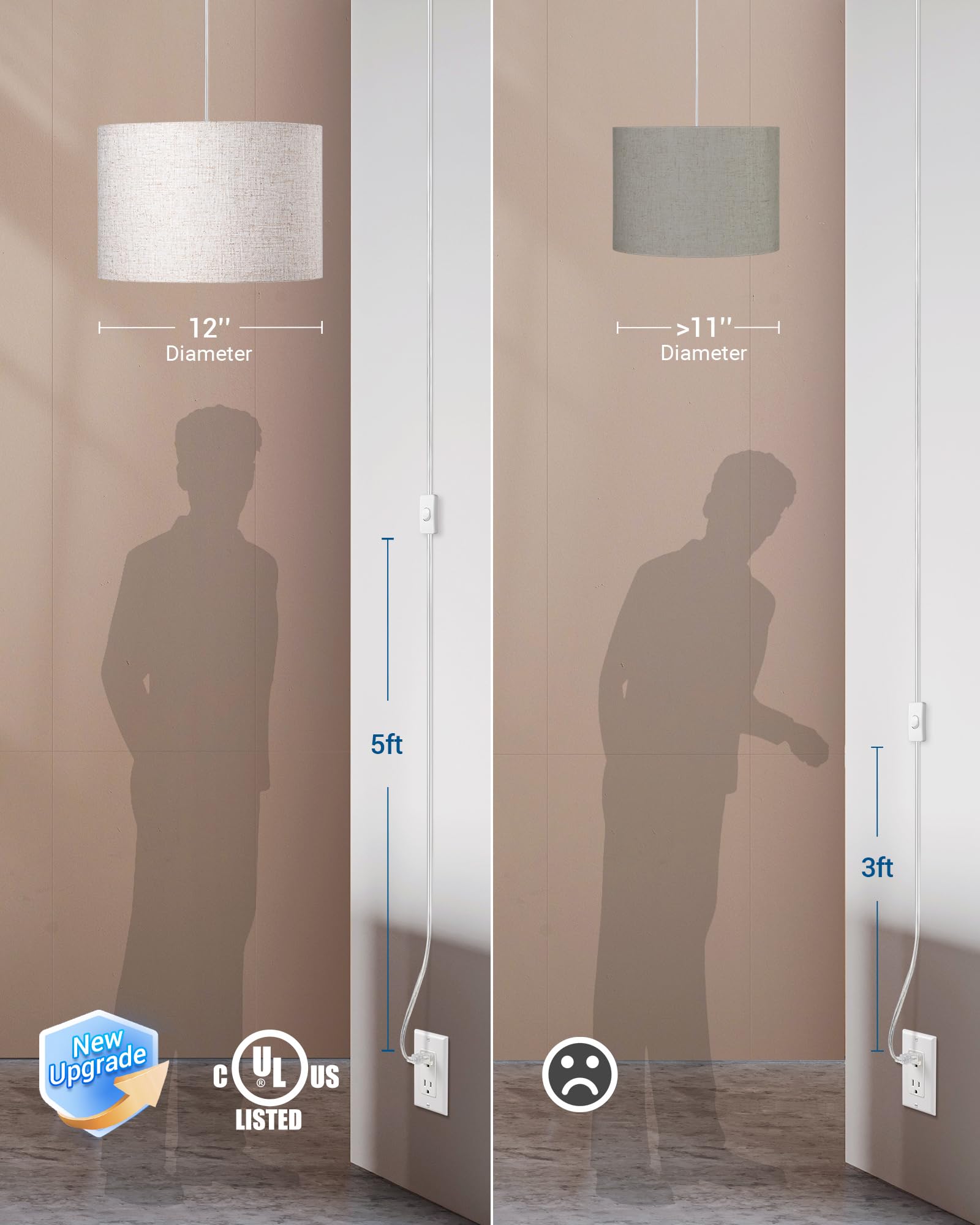 Dewenwils Plug In Pendant Light, Hanging Light With 15Ft Clear Cord, On/Off Switch, Beige Linen Shade, Hanging Light Fixture For