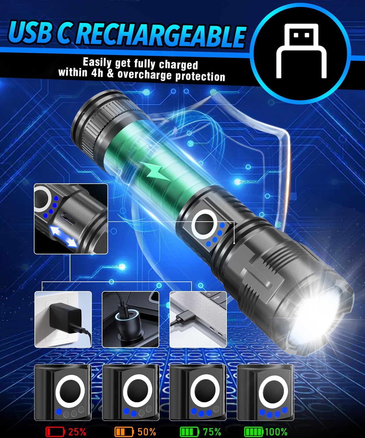 Vnina 100,000 Lumens Rechargeable Flashlight, 3280Ft Beam, Ipx5 Waterproof, Led Tactical Light