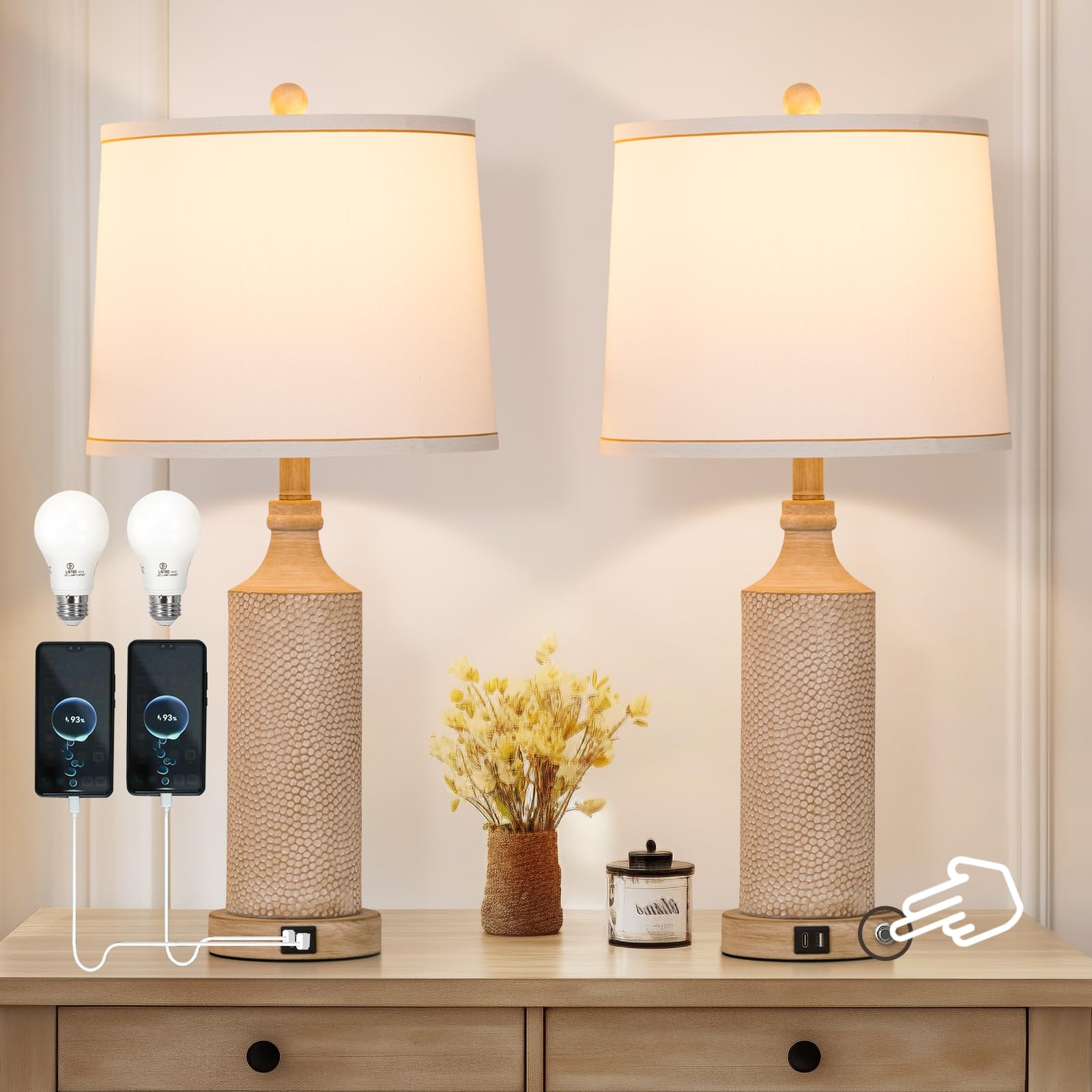 AIDENOEY 27.5" H 3-Way Dimmable Touch Control Table Lamp with USB A+C Ports, Vintage Washed White Finish Resin Bedside Farmhouse Table Lamp Set of 2,for Living Room,Bedroom,Office