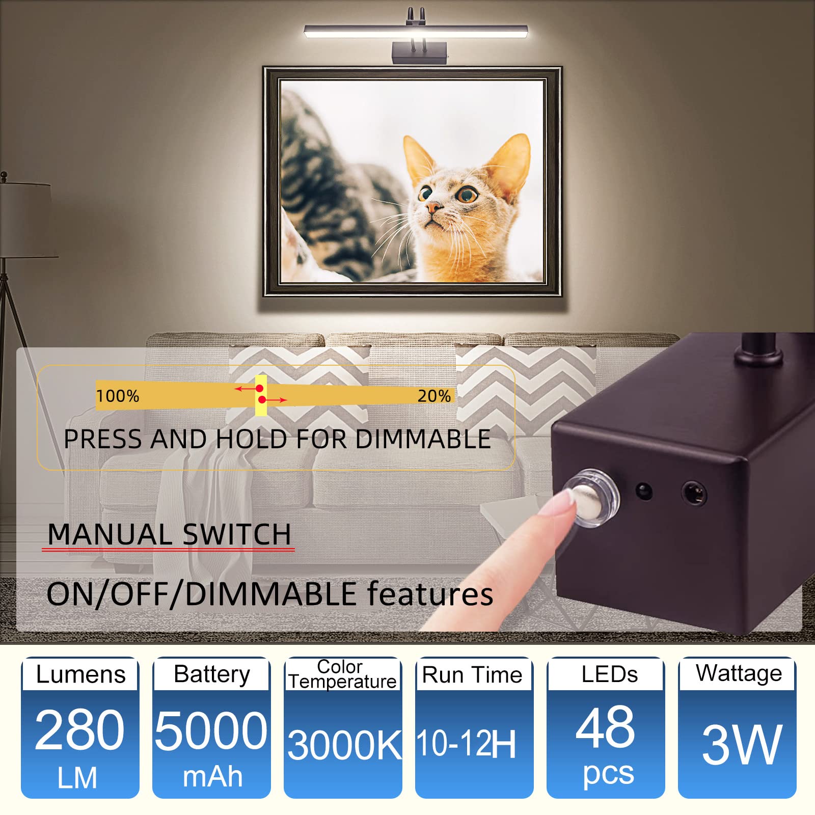FUNCHDAY Wireless Picture Light, 16" Dimmable LED Art Light, Rechargeable, Bronze, Model HY0018-2