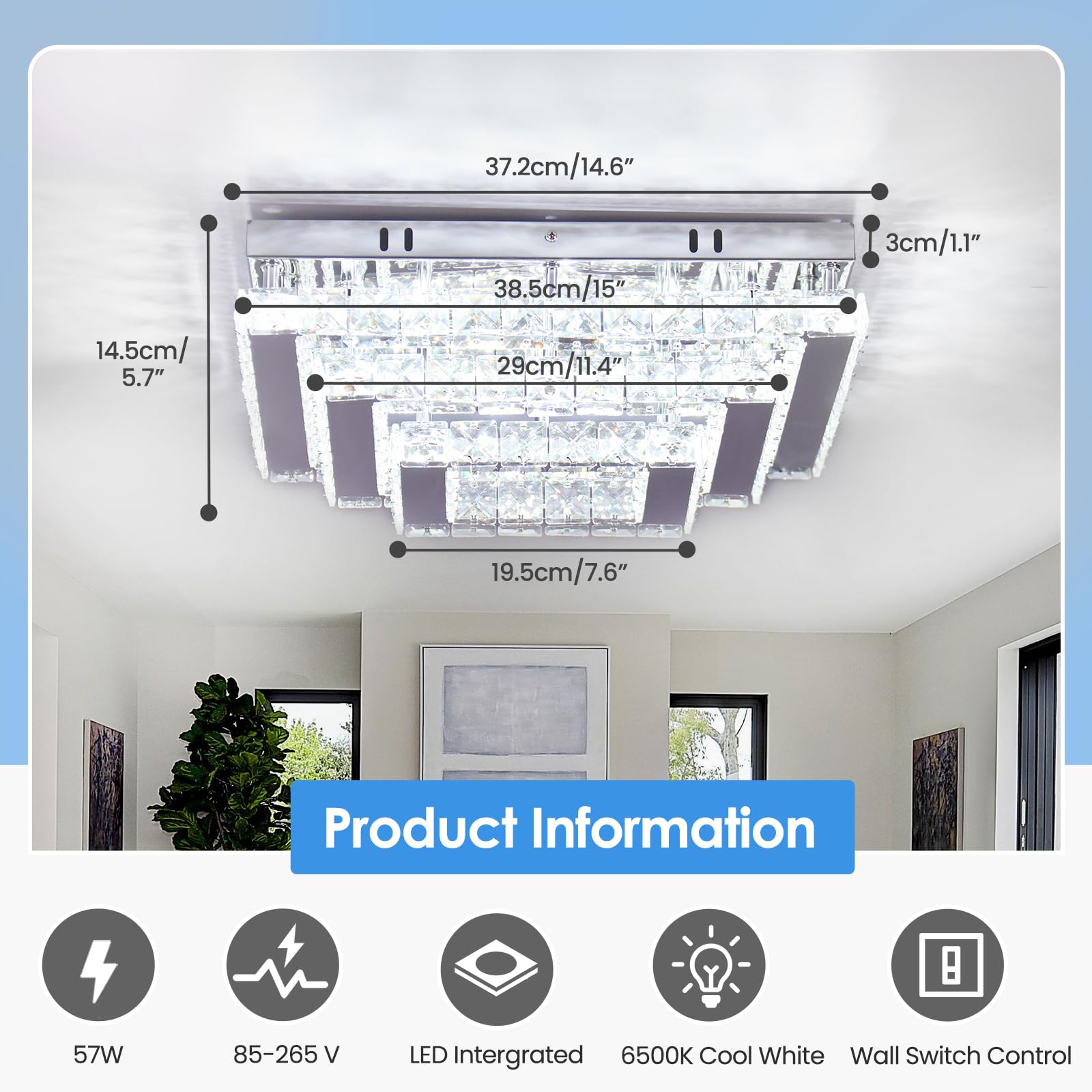 Finktonglan 15” Square Crystal Led Chandelier - 3-Tier Flush Mount Ceiling Light, Cool White