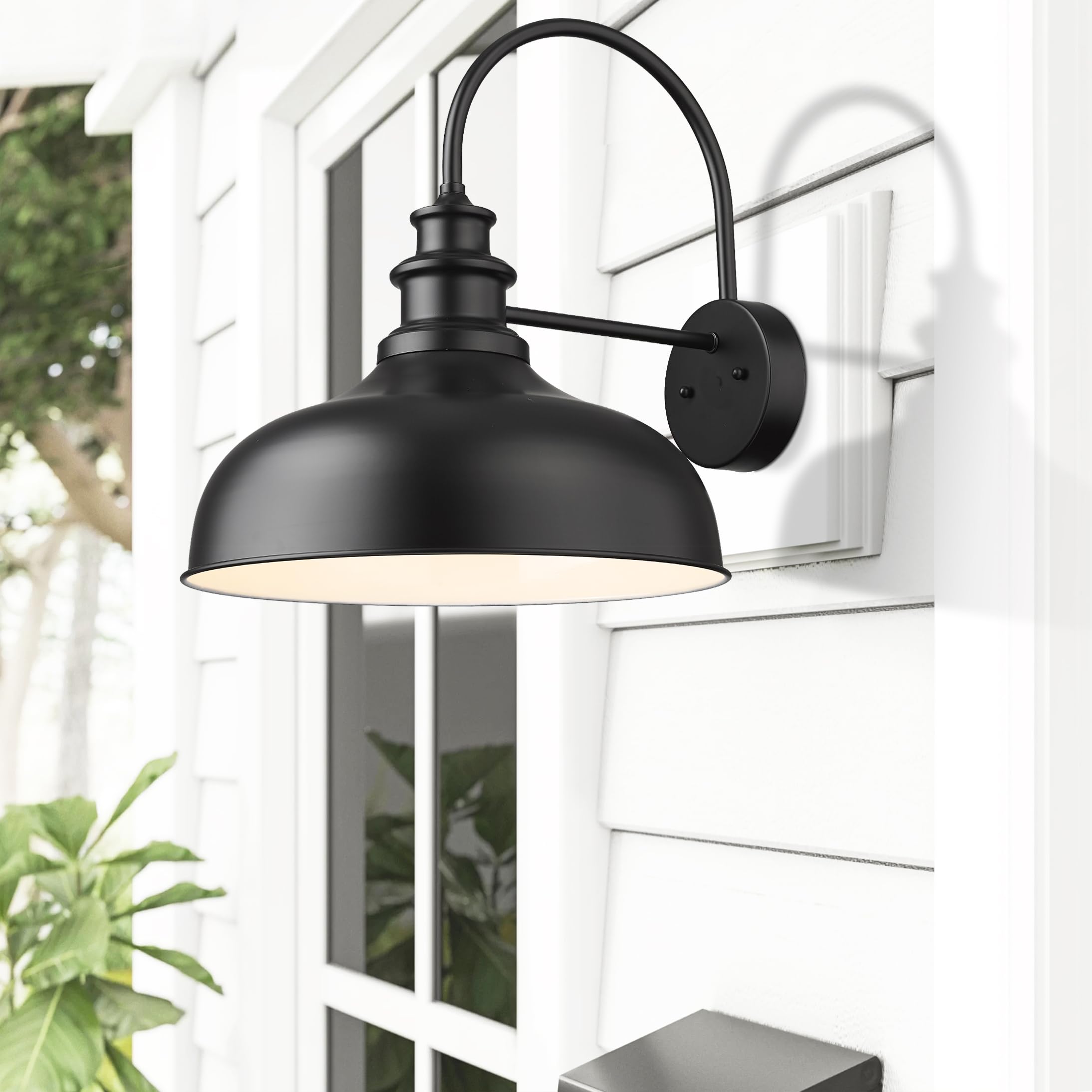 Bestshared Barn Lights Outdoor Wall Sconces 16” Dome Metal 2-Pack Black+White V260-16L-BS