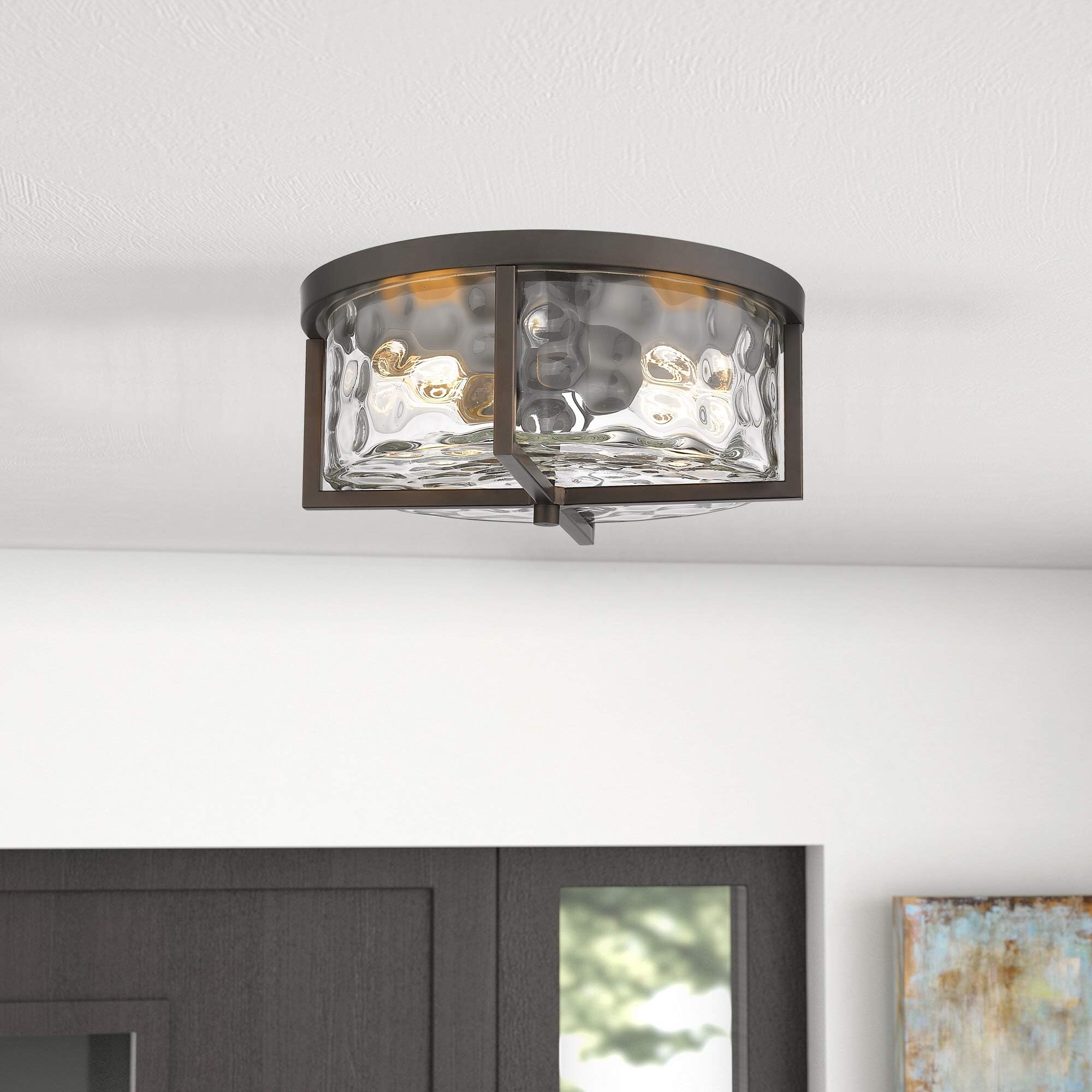 Odeums 13&quot; Hammered Glass Flush Mount Ceiling Light, Oil-Rubbed Bronze For Kitchen & Dining Room