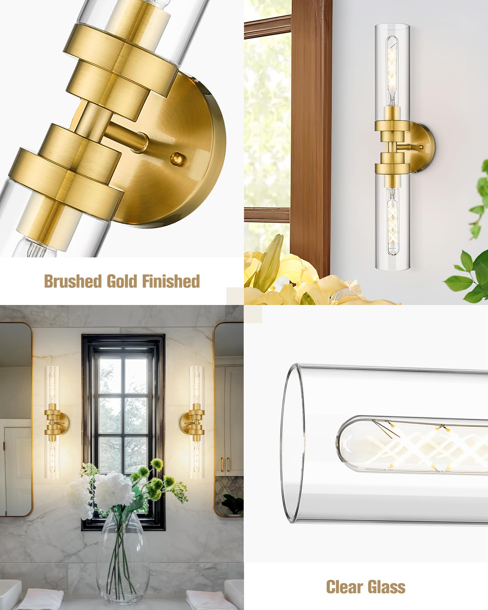 Emak 2-Light Bathroom Vanity Light Fixtures, Modern 22 Inch Brushed Gold Vanity Lights With Clear Glass Shade, Cylinder Wall Sco