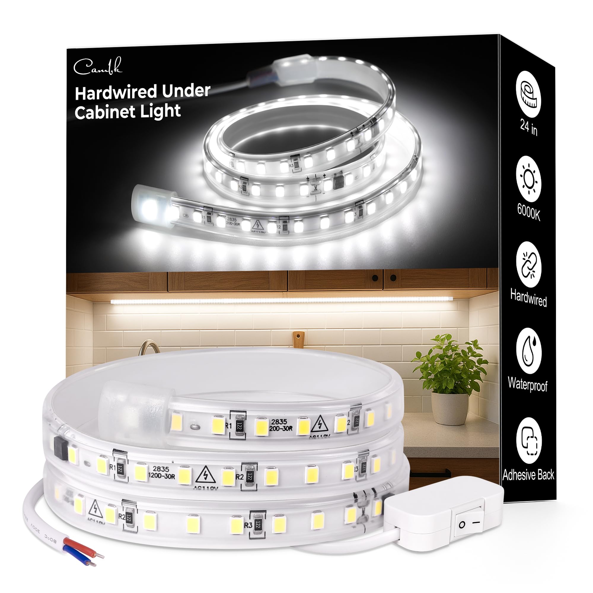 cambk Hardwired Under Cabinet Lighting for Kitchen 24inch120V Wired Undercounter Led Band Lights 6000K White Waterproof  Luces para Cocina Bajo Gabinete Under Shelf Lights for Sink/Workbench
