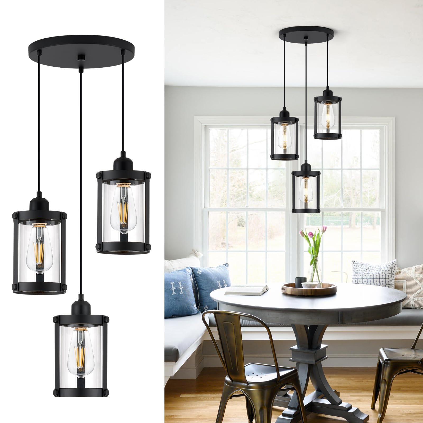 Osimir 3-Light Pendant Lighting, Black Dining Room Chandelier Light Fixture Over Table with Clear Glass, Modern Cluster Hanging 