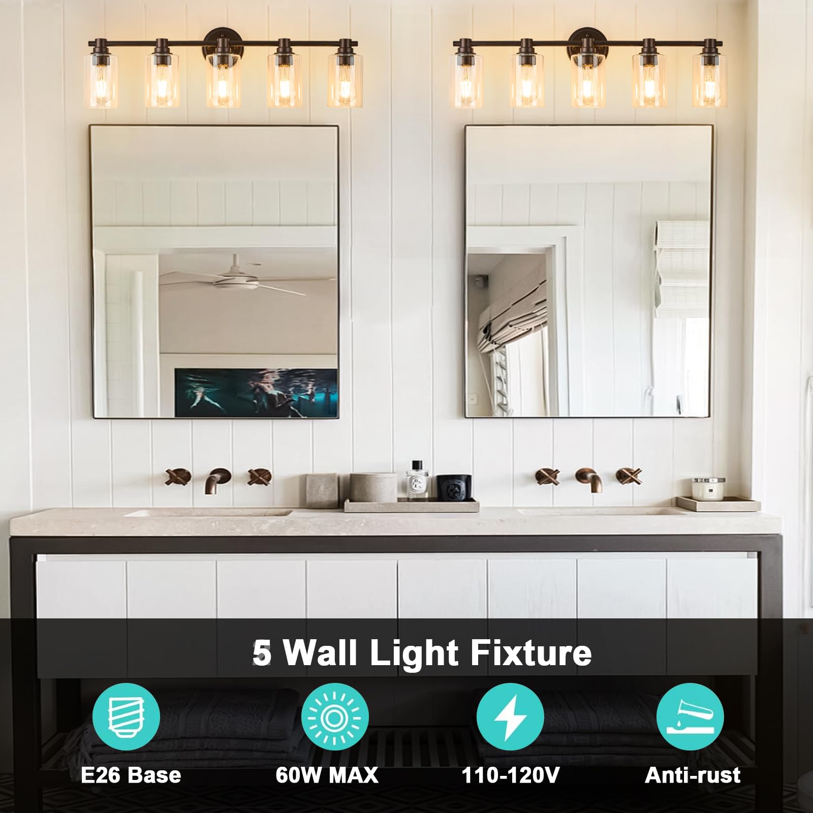 ALAISLYC Bathroom Light Fixtures Wall Sconce Light with Clear Glass Oil Rubbed Bronze 5 Lights Bathroom Lighting Over Mirror Van