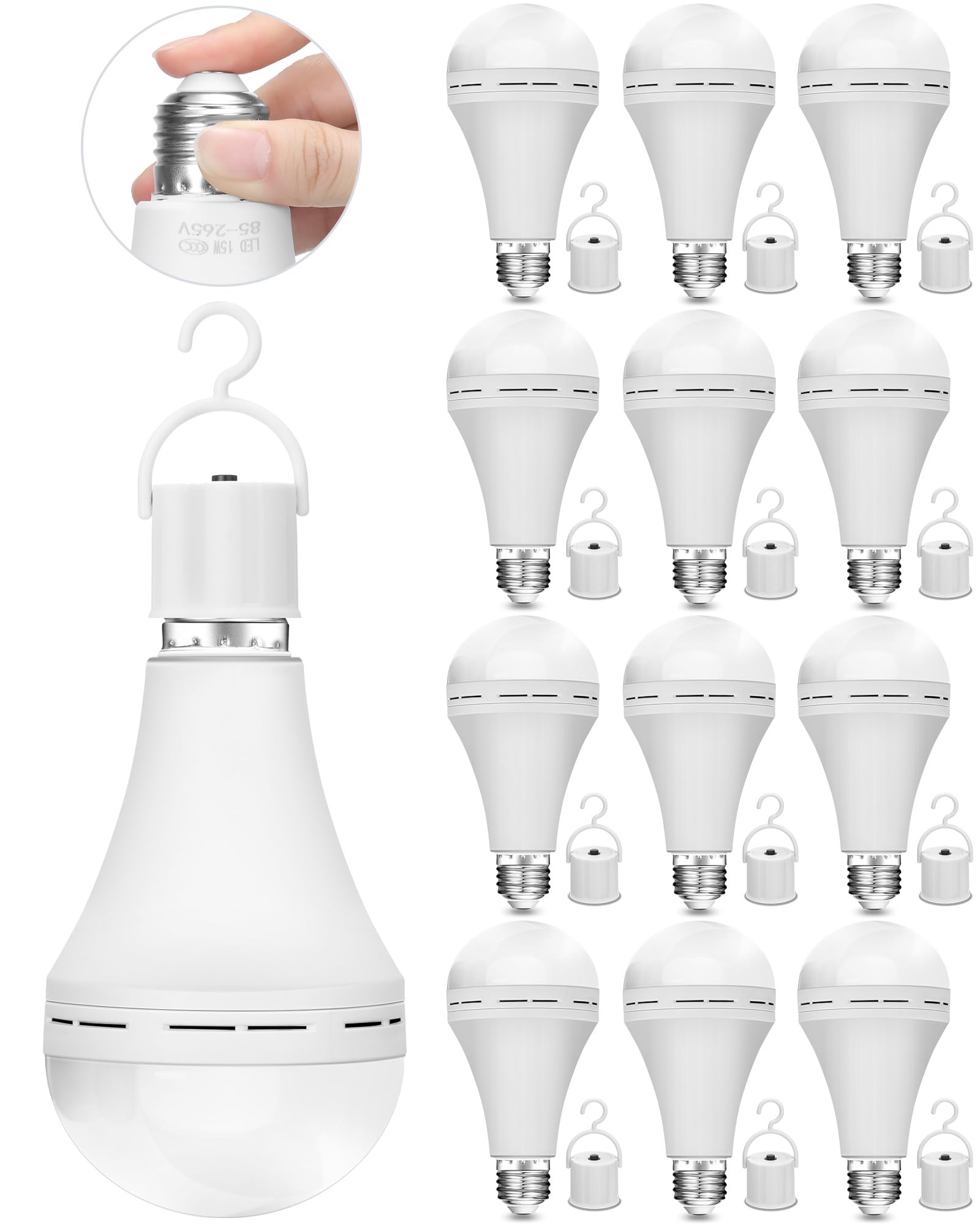 Mudder 12 Pack Emergency Rechargeable Light Bulbs LED Battery Backup Light Bulb for Power Outage Camping Outdoor Hurricane 15W 7