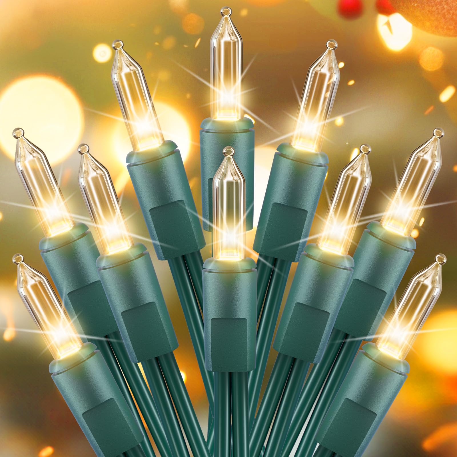 Brightown Clear Christmas String Lights 50 Count 12 Feet Warm White Green Wire Incandescent Mini Lights for Indoor Decoration