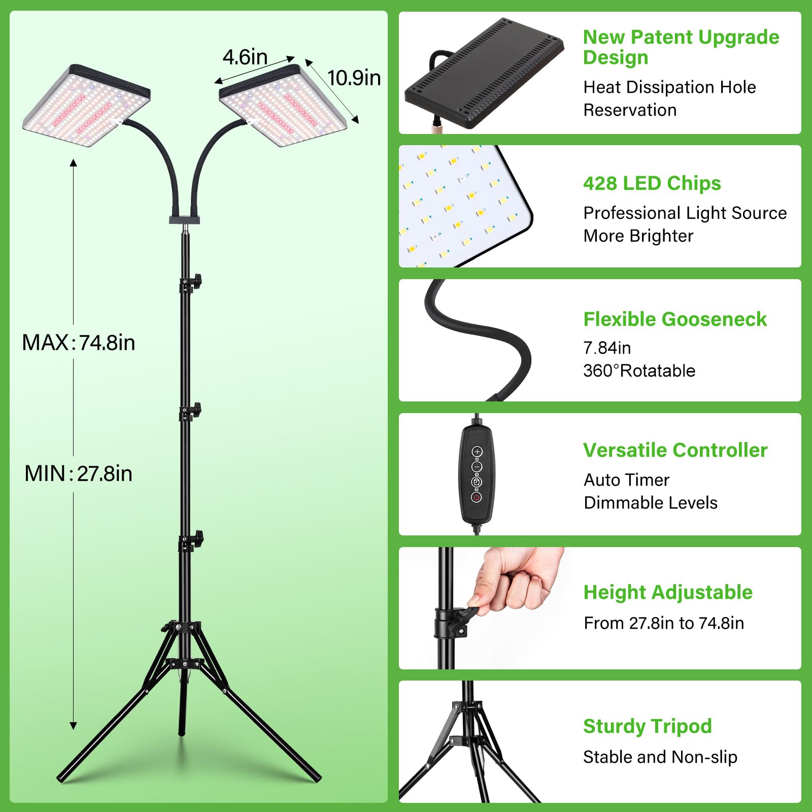 2024 Lbw Latest Grow Light For Indoor Plants, 428 Led Dual-Head Full Spectrum Standing Plant Light, Floor Grow Lamp With 3/6/12H Timer, 6 Brightness Levels, 3 Switch Modes, 75&quot; Adjustable Tripod Stand
