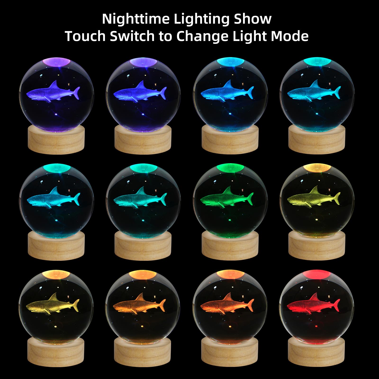 ZXBLAQ 3D Shark Crystal Ball Night Light, 3.15" Glass Lamp with 16 Color LED Base, Perfect Gift for Kids and Friends