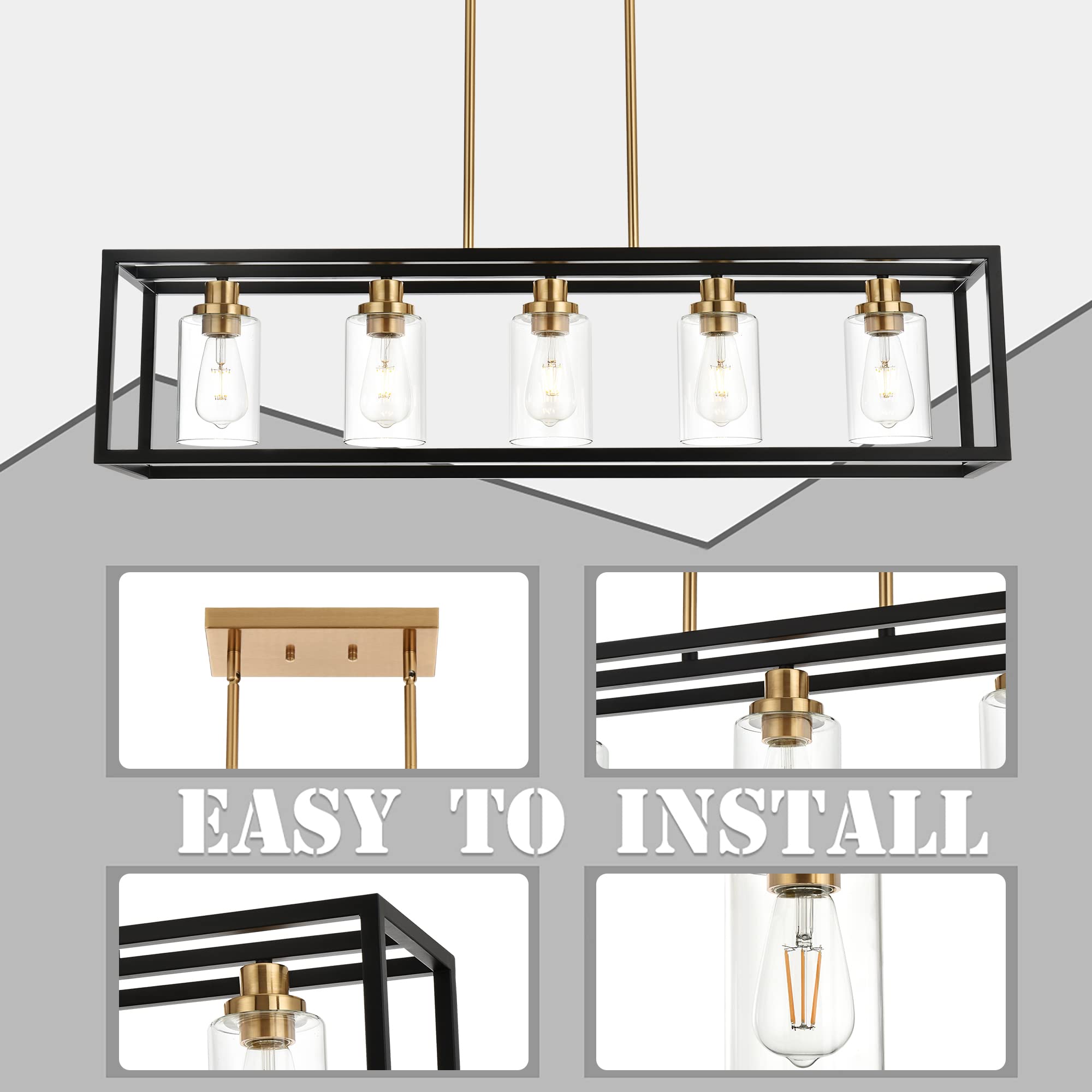 MELUCEE Black Rectangle Chandelier - 5 Light Linear Pendant Fixture, 36.2" Metal with Clear Glass Shade and Brushed Brass Socket