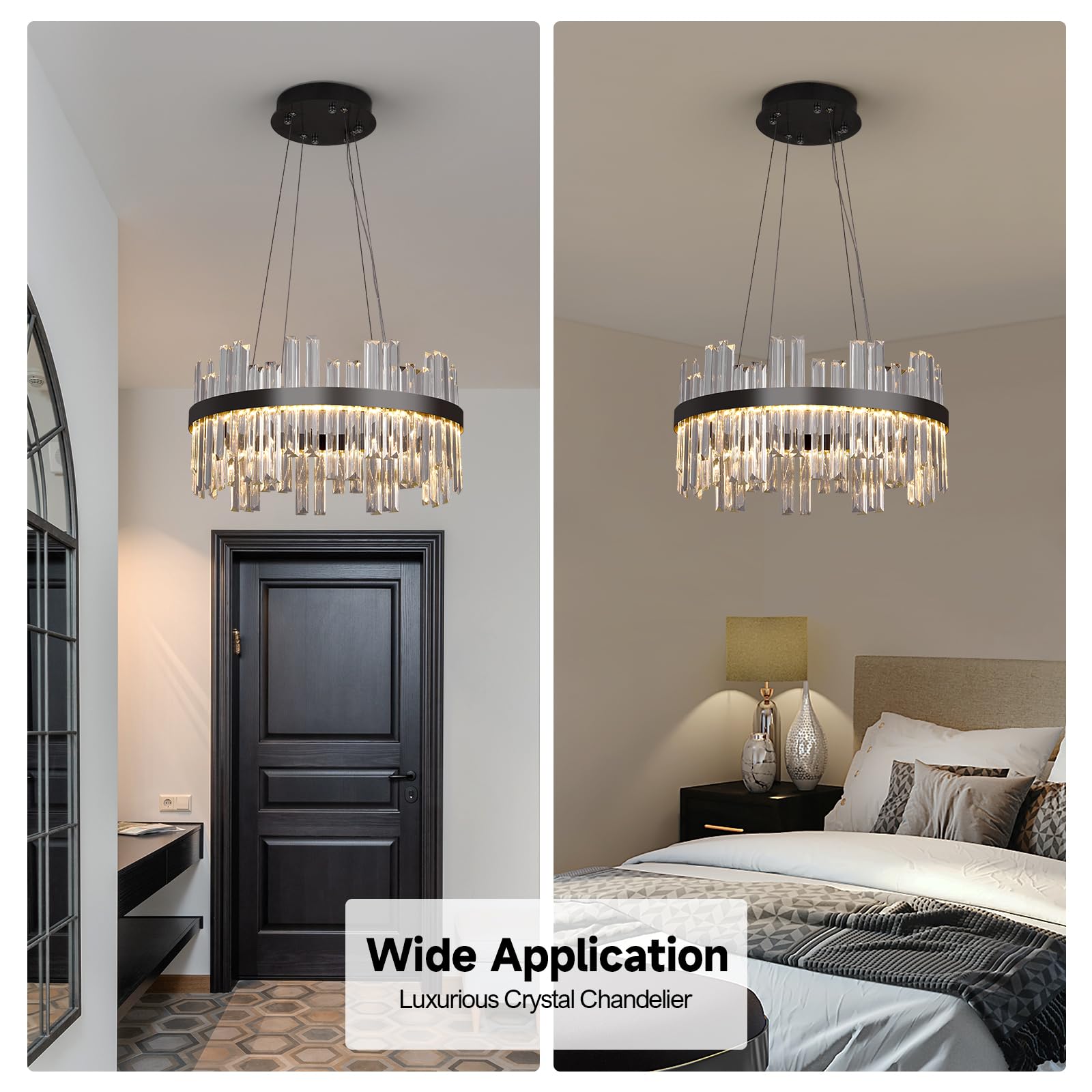 Black Led Modern Crystal Chandelier: 19.7 Round Contemporary 3 Color Dimmable Dining Room Light Fixture Over Table - Adjustable Lighting Chandeliers For Bedroom Living Kitchen Island Entryway Foyer