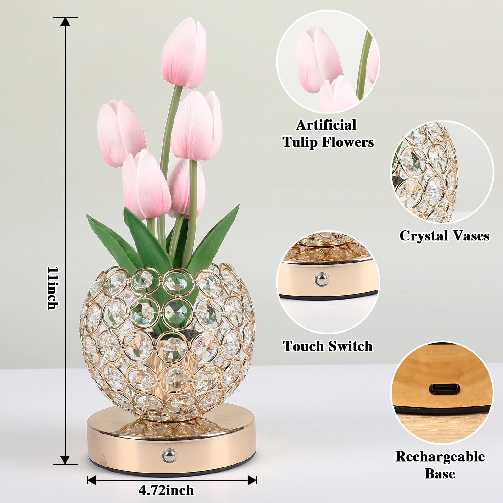 Birthday Gifts For Women/Mom Cordless Table Lamp, 3 Color Crystal Flower Bedside Lamps Infinitely Dimming With Usb Charge Small