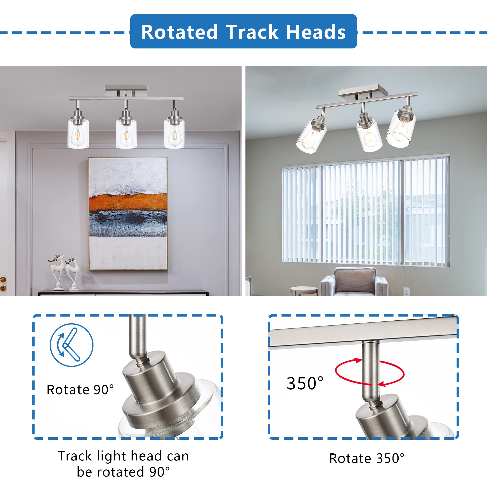 MELUCEE 3-Light Bathroom Vanity Light Brushed Nickel with Clear Glass Shade, Rotatable Track Heads, Ceiling or Wall Fixture