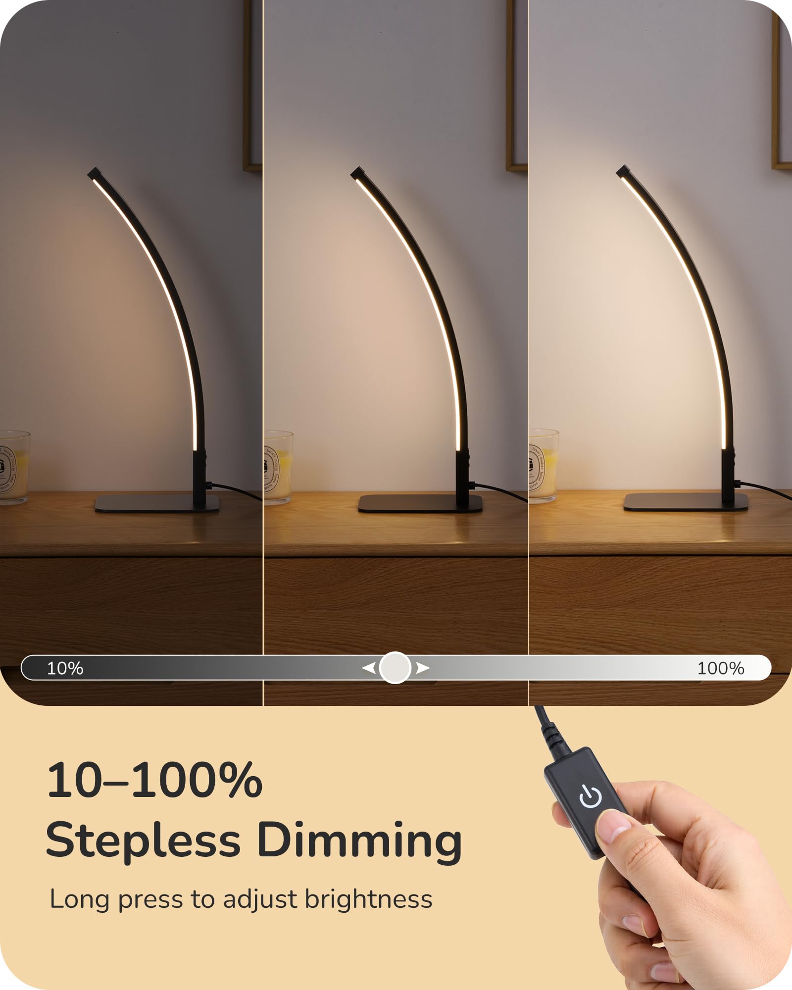 EDISHINE Curved LED Table Lamp, Modern Nightstand Lamp, 3 Color Temperatures, Stepless Dimming, Aluminum & Iron, Black, Model HLTL22W