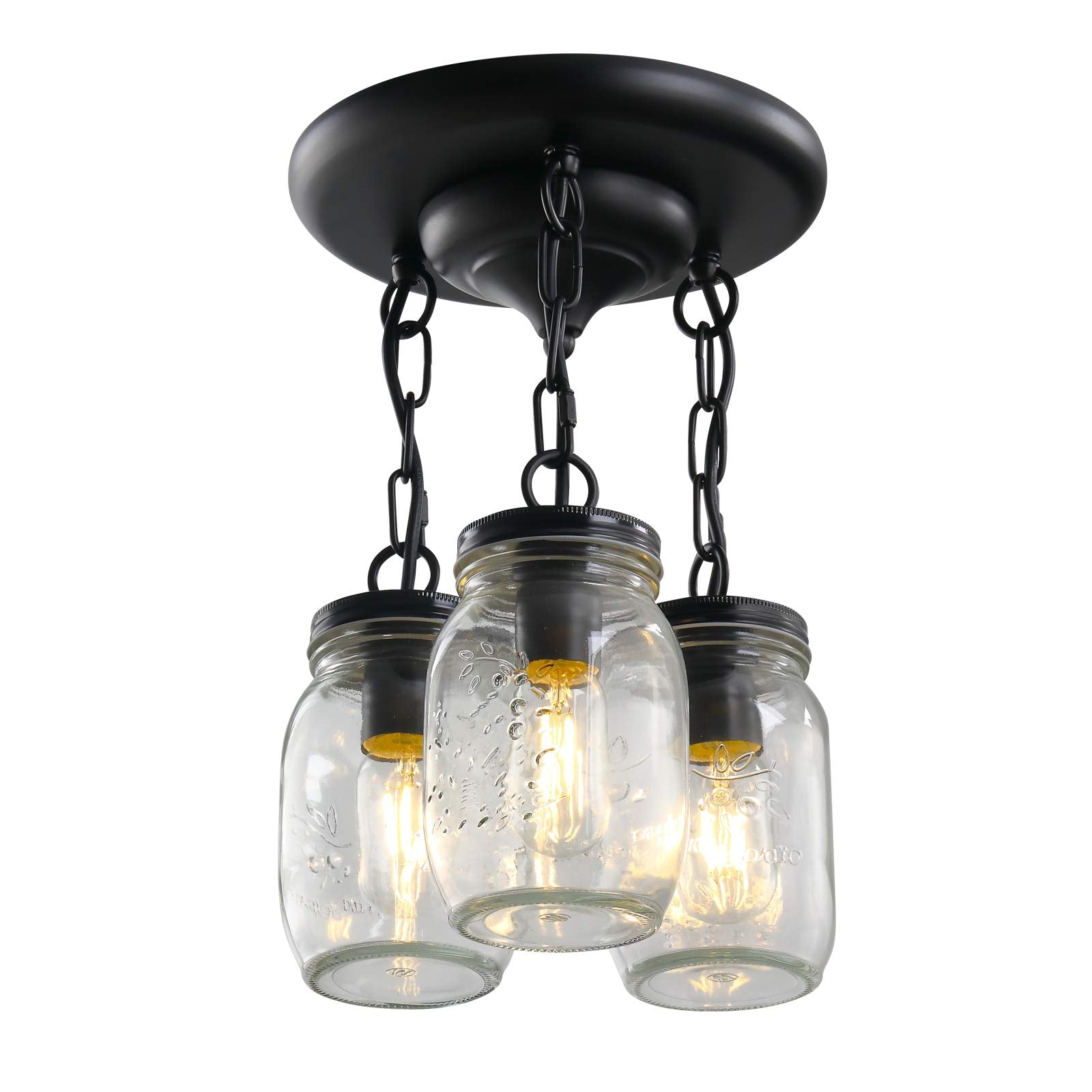 UShe DHome Black Pendant Light, 3-Light Clear Glass Mason Jar Fixture, Model AY-0836-3C-BK, Ideal for Kitchen, Dining Room, Hallway