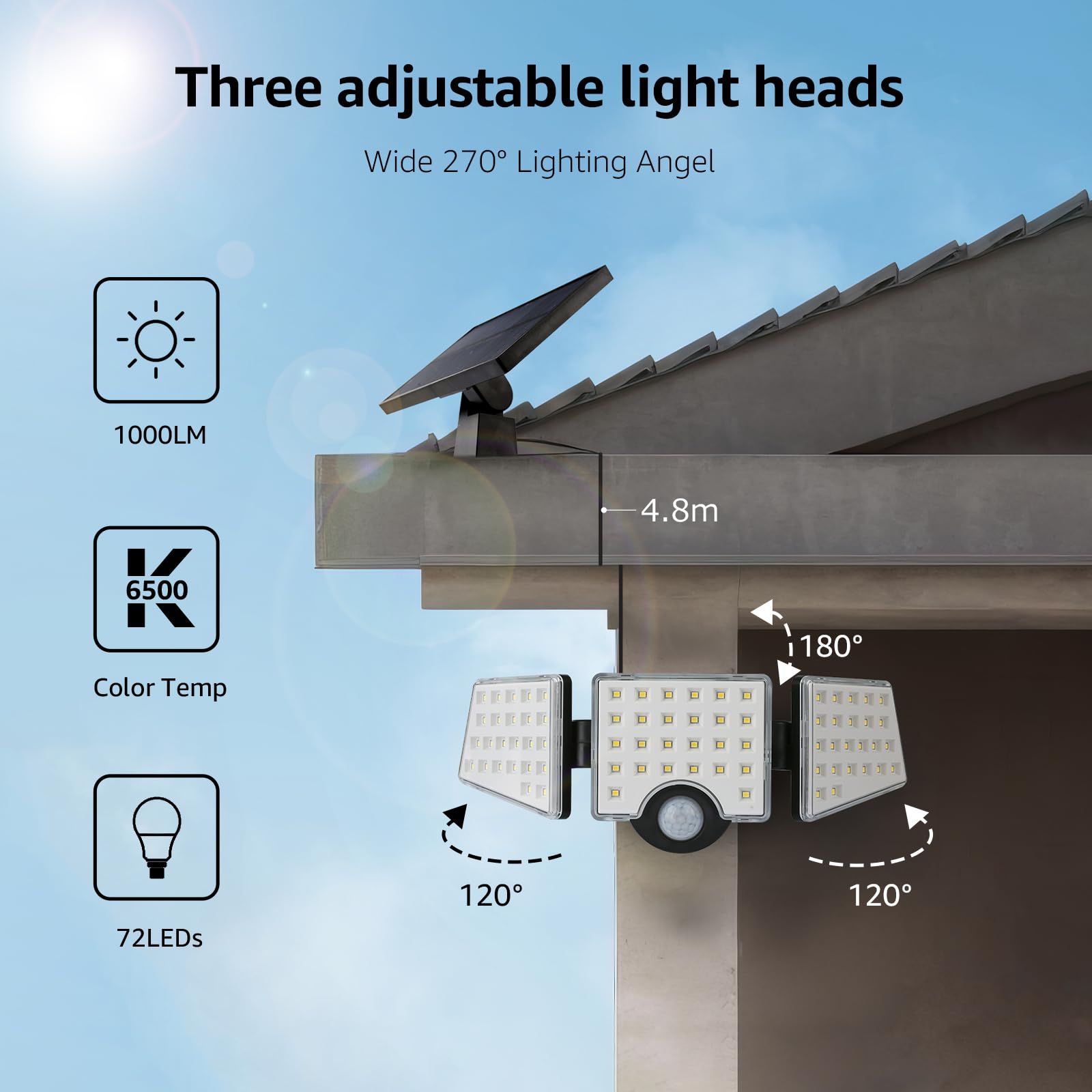 Lepro Solar Lights for Outside, Motion Activated, 3 Adjustable Heads, IP65 Waterproof, Black, Model PR640004-DW-2, 2 Packs