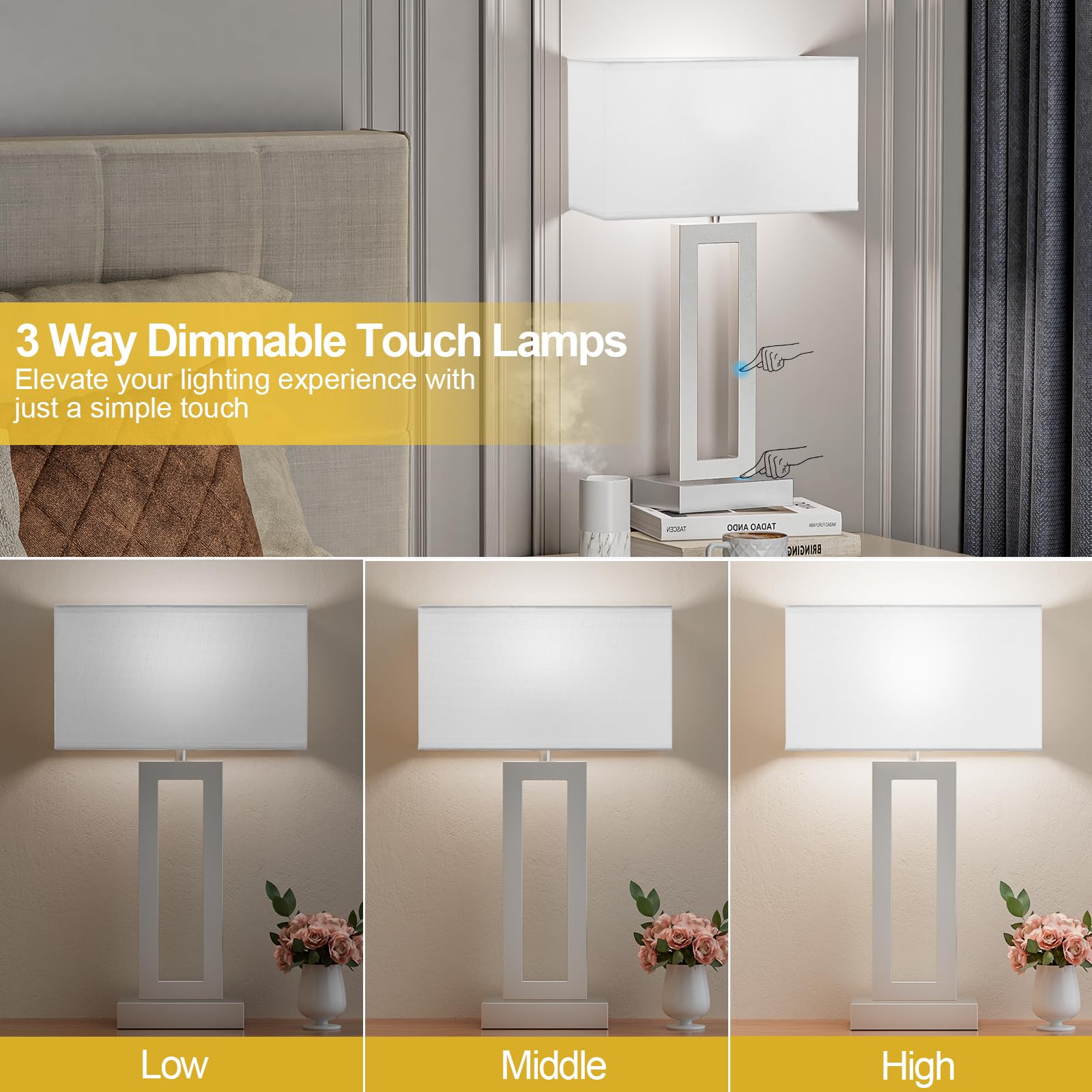 Seealle 22" Touch Dimmable Bedroom Lamps with USB C+A - Modern White & Silver Bedside Lighting for Nightstands