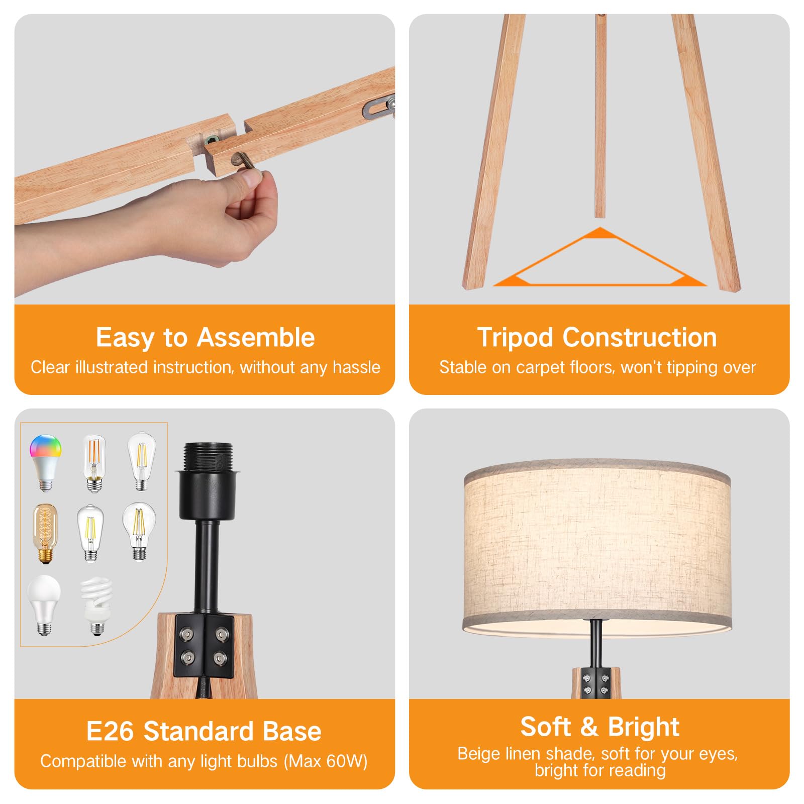 OUTON Dimmable Wood Tripod Floor Lamp with Shelves, Remote Control, 58.5in, Nature Wood, Includes E26 9W Bulb