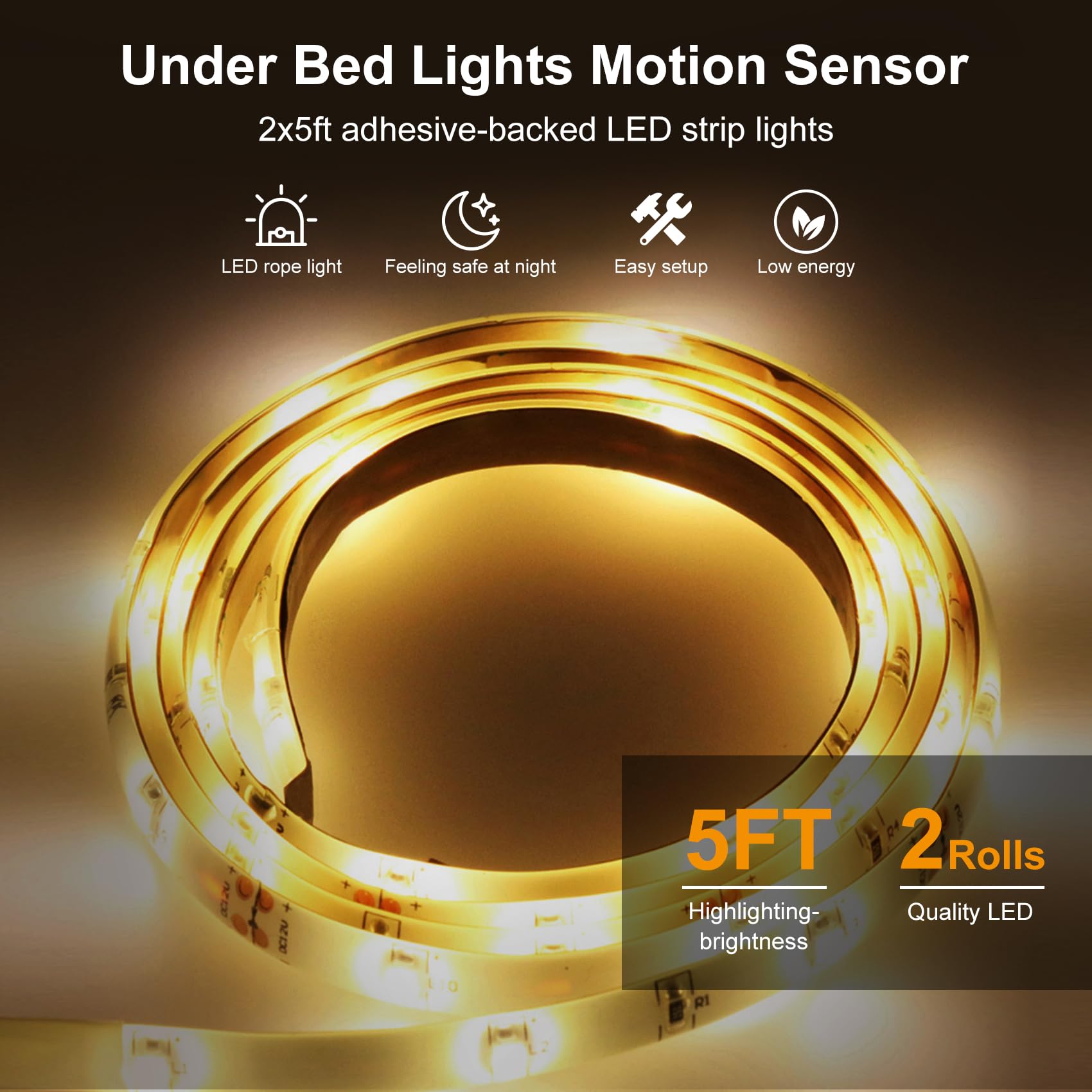 Vansky Motion Activated Bed Light - Flexible LED Strip Night Light with Automatic Shut Off Timer, Dual Light Strips (5FT x 2), Warm White Glow
