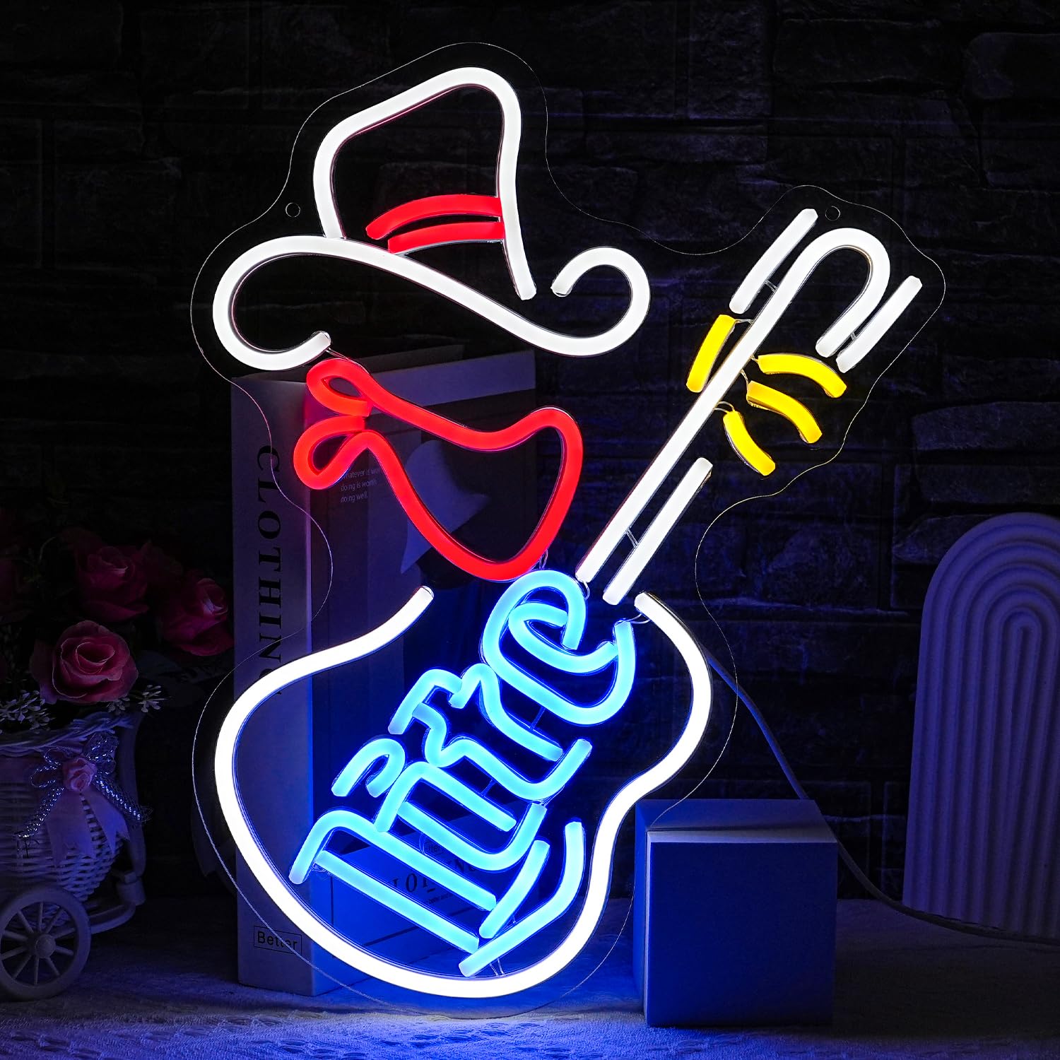 LULANMP Cowboy Hat Neon Sign for Wall Decor Guitar Neon Light Beer Bar Sign Music Neon Signs LED Sign Neon Lights for Wall Art LED Neon for Home Bar Pub Shop Party Bar Led Sign(16.5"*12.9")