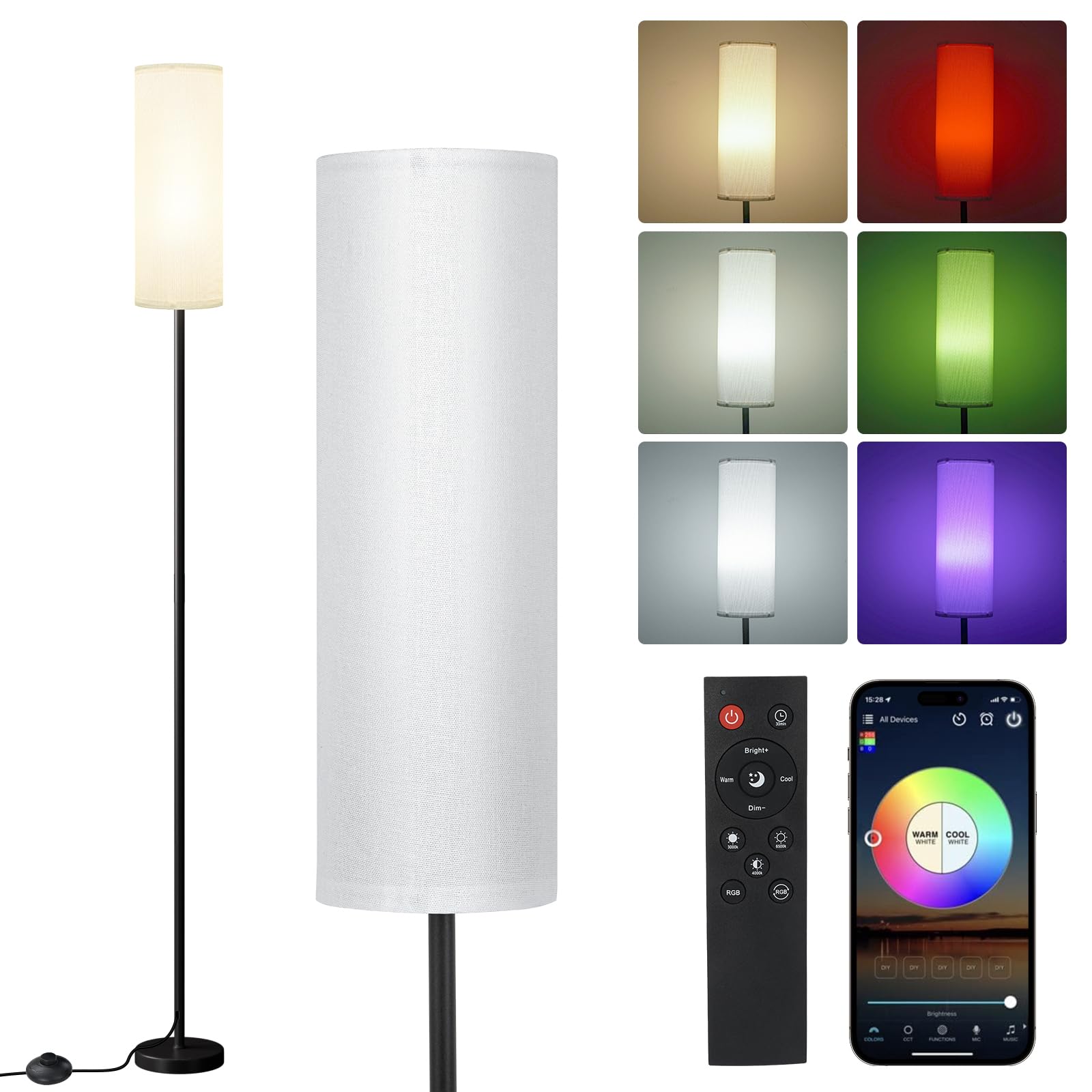 FRIDEKO Floor Lamp Dimmable RGB Smart Bulb Small Tall White Lampshade Model FD02