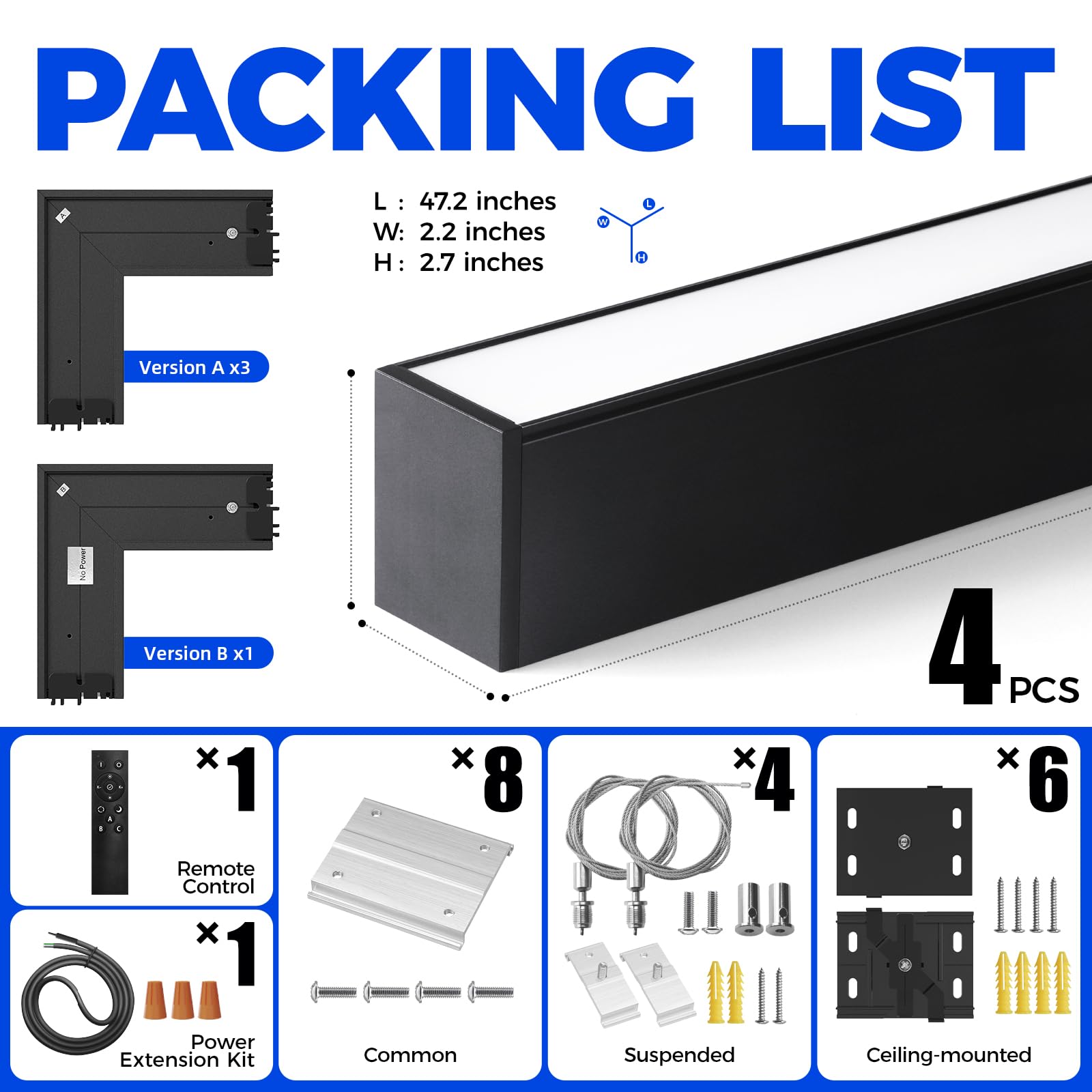 Barrina 5568 Remote Series Led Linear Lights Square Set 5Ft X 5Ft  2Nd-Generation  216W  21600Lm  Seamless Connection  3000K-6000K Color Changing  Suspended Shop Office Lighting With Remote  Black