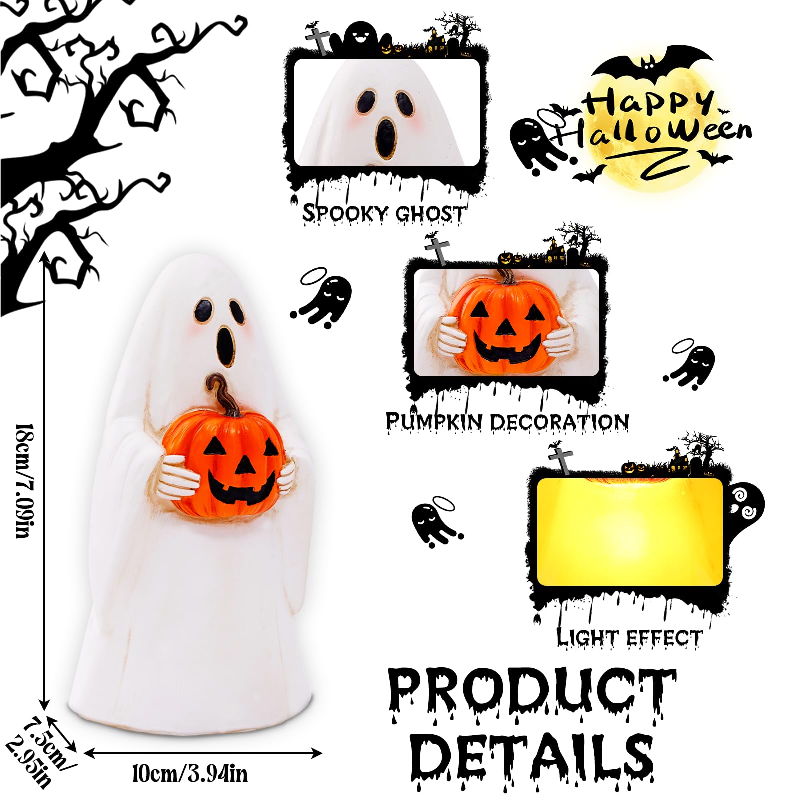 Pohabery Cute Resin Ghost Statue - Solar-Powered Halloween Decor, White, Outdoor Light Up Figurine For Yard & Porch, Model Zf1Bg250501