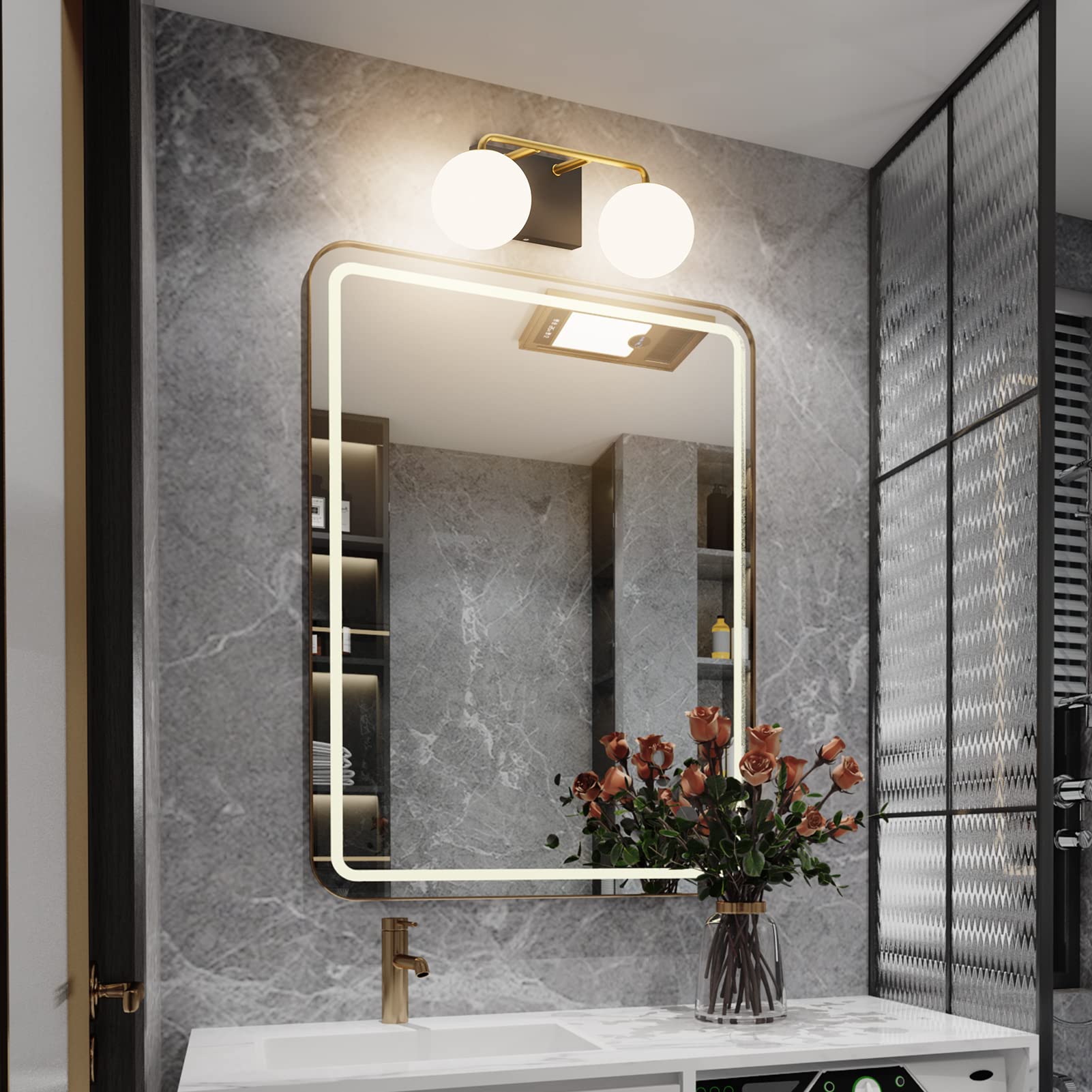 Tipace 2 Lights Vintage Bathroom Vanity Light Fixtures, Black Gold, Aluminum, 14.5 IN, Model GW1129, Milk White Glass Globe
