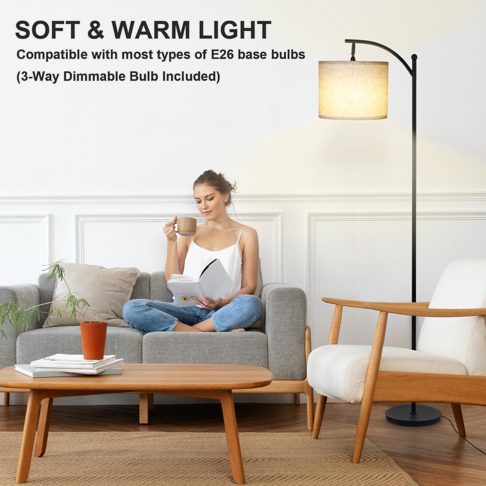 Lalisu Modern Floor Lamp, 3-Ways Dimmable Standing Lamp With Linen Shade, Adjustable Height, Foot-Step Switch, Reading Lamp For